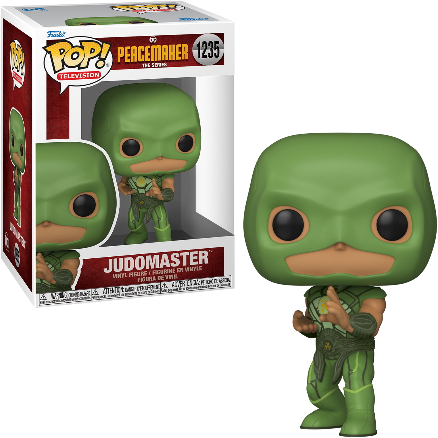 Figura verde de Judo Master con caja. La figura tiene máscara y uniforme verdes. La caja es blanca y roja.