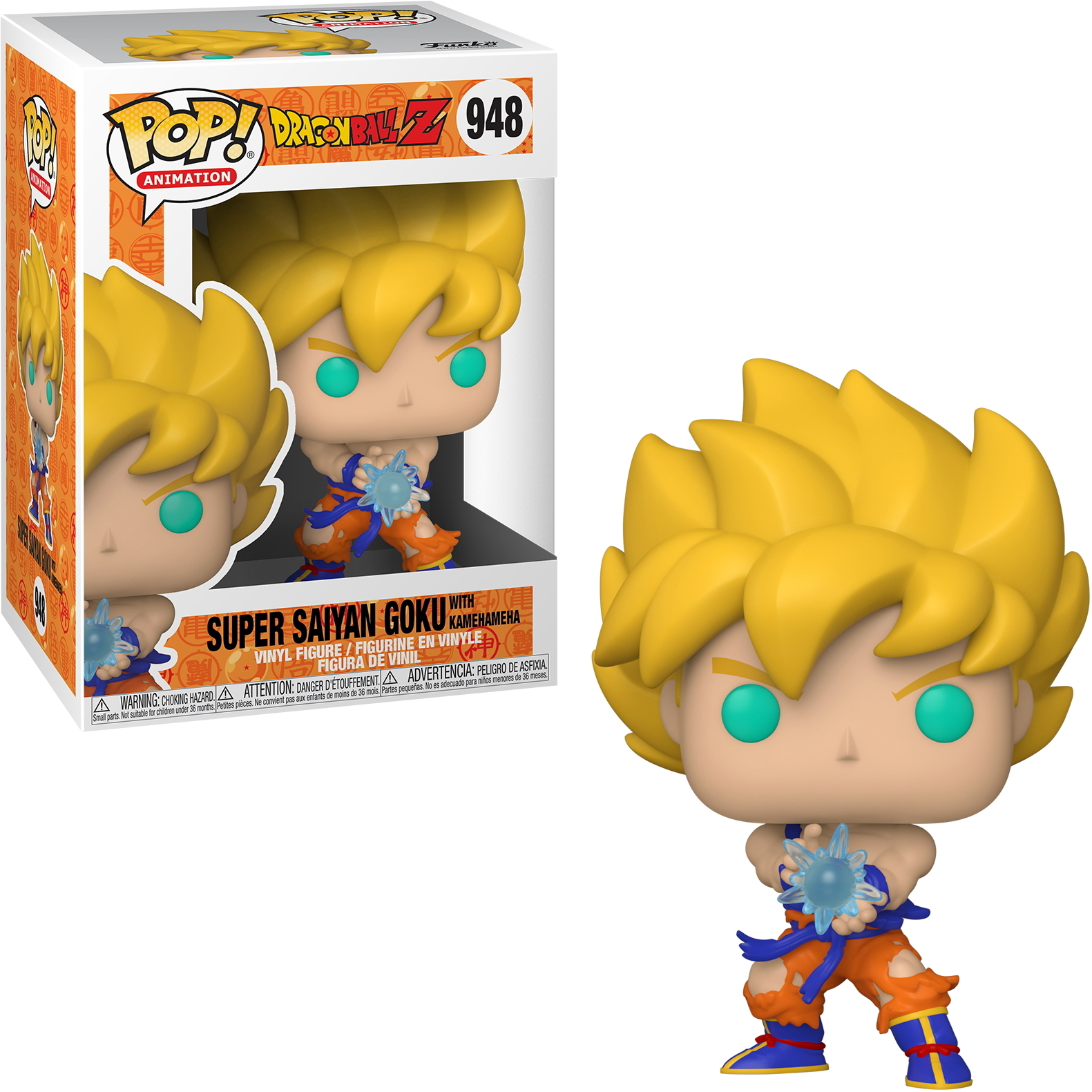 Statuetta di Goku che tiene una sfera di energia blu. Ha capelli gialli a spillo e indossa abiti arancioni e blu.