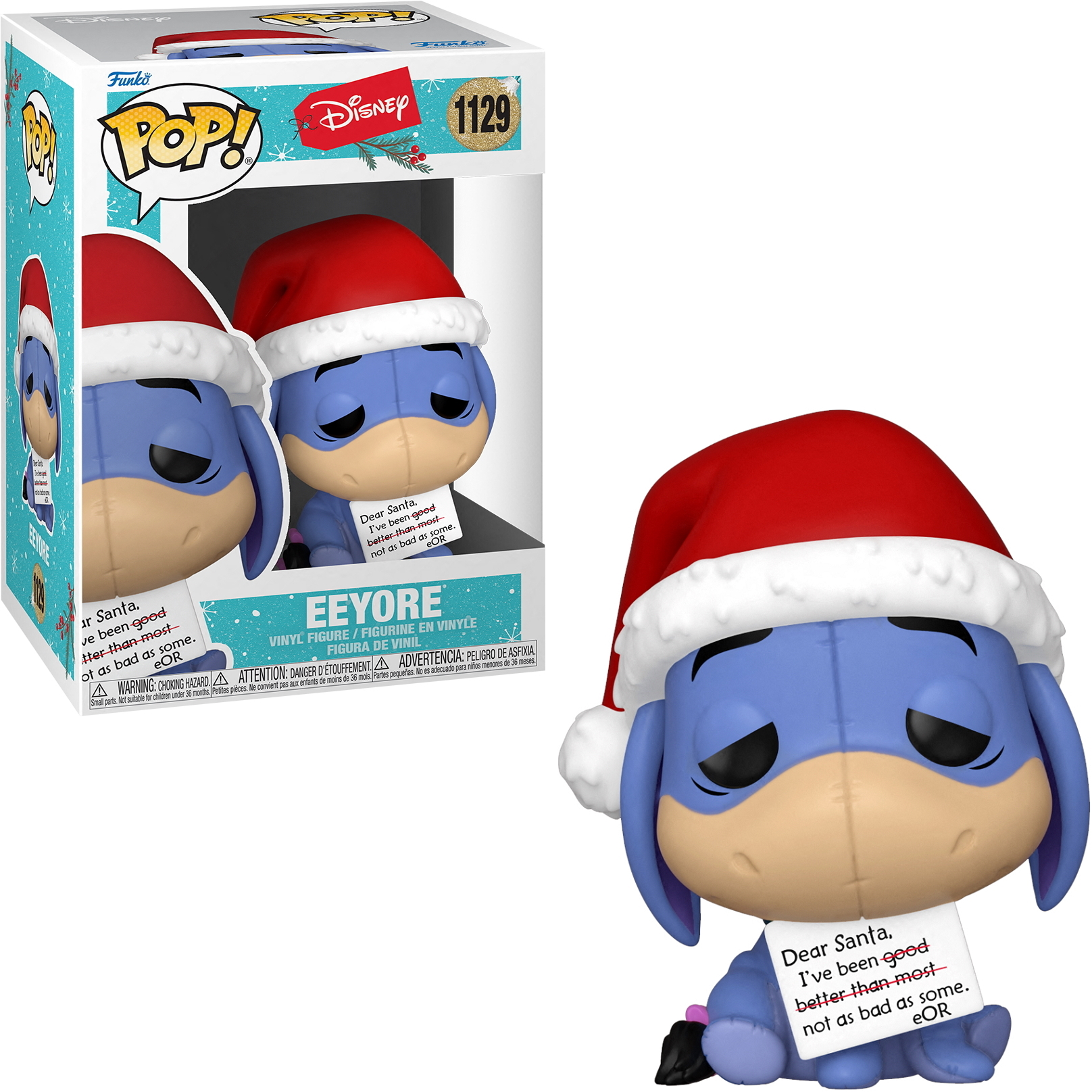 Figura Funko Pop di Eeyore con cappello da Babbo Natale, tiene un cartello. Mostrata scatola con immagine.