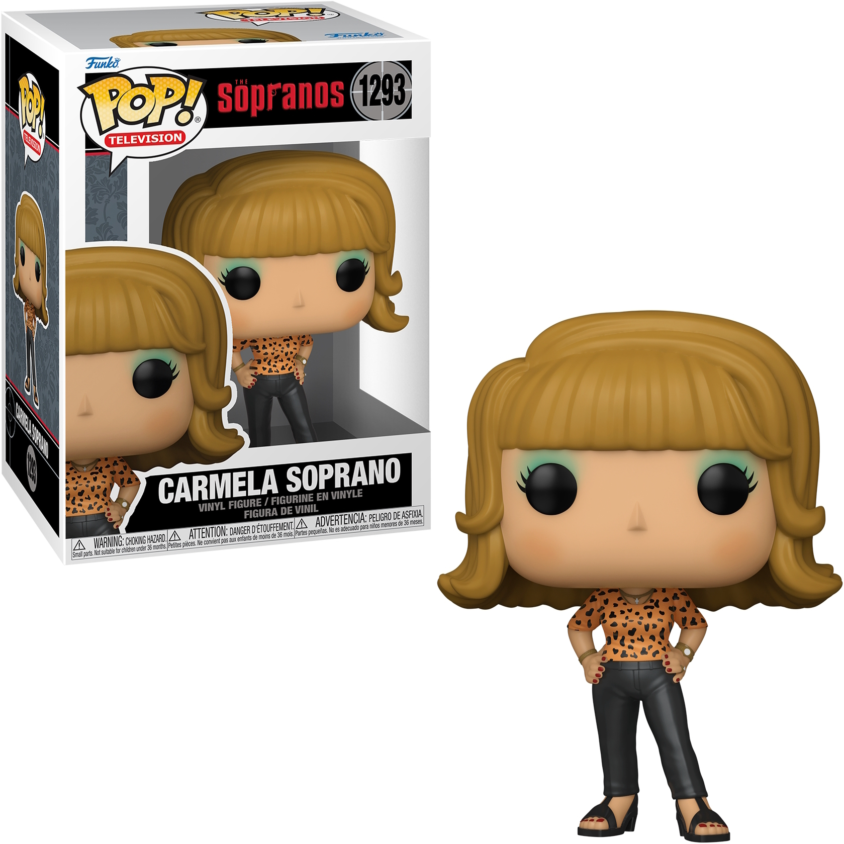 Figura Funko Pop di Carmela Soprano in una scatola, che la mostra con un top animalier.