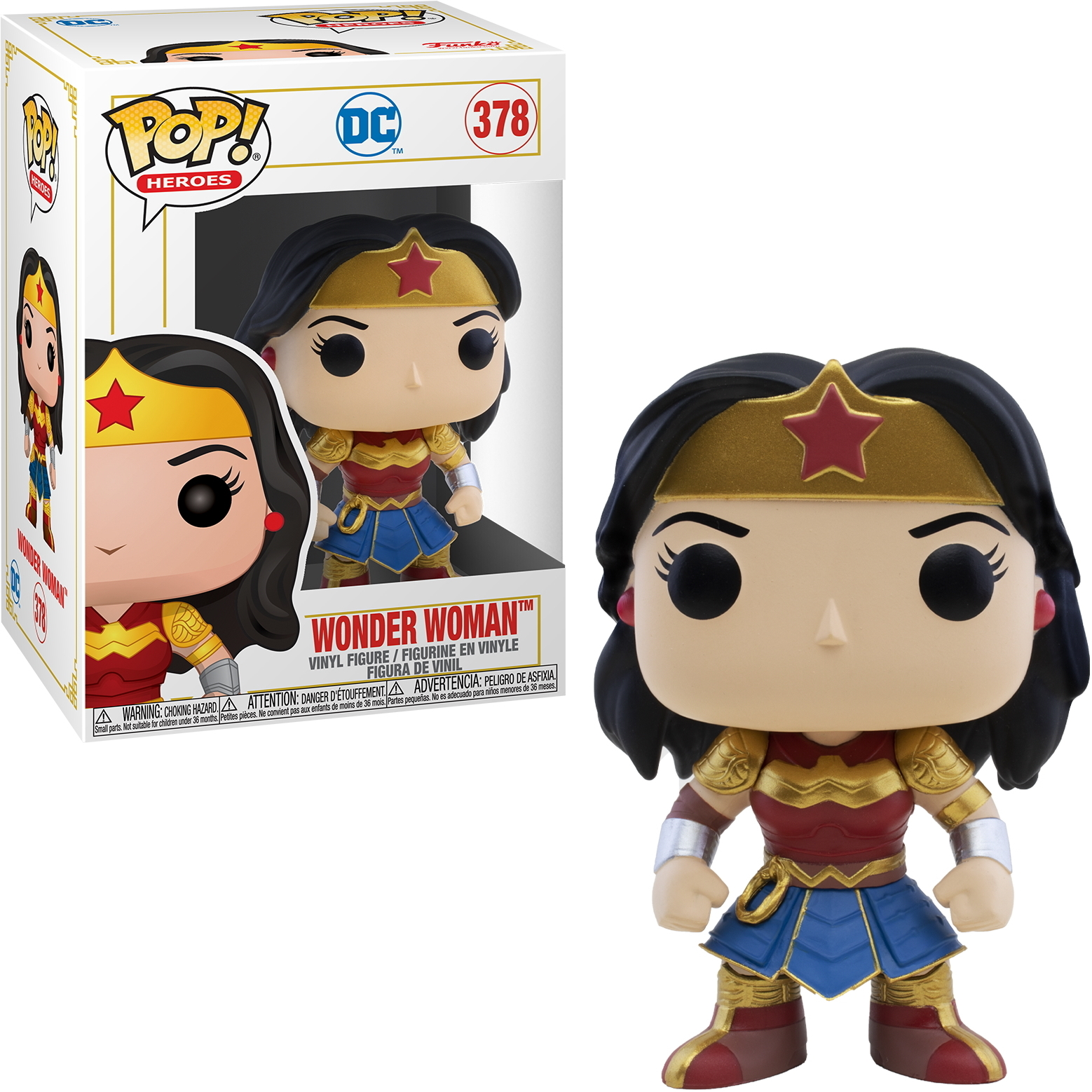 Wonder Woman Funko Pop Figur mit einer Box. Sie trägt ihr Kostüm und hat eine goldene Tiara.
