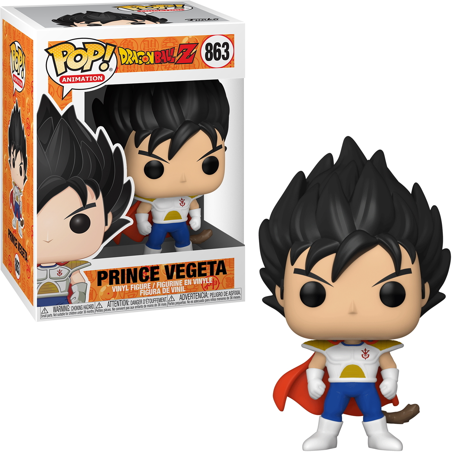 Eine Prince Vegeta Funko Pop-Figur. Er hat schwarzes, stacheliges Haar und trägt eine weiße Rüstung mit blauer Hose und einem roten Umhang.