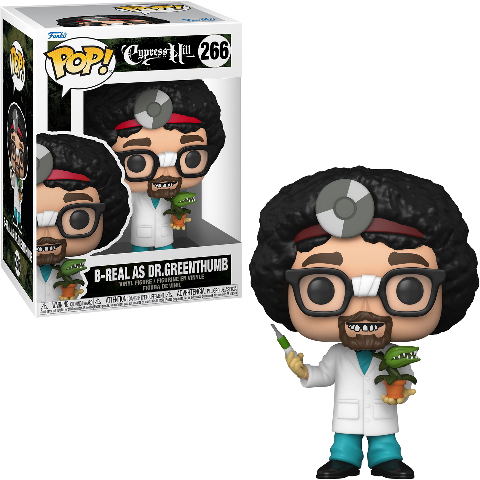 Figurka Funko Pop! B-Real jako Dr. Greenthumb z pudełkiem w tle. Figurka trzyma roślinę.