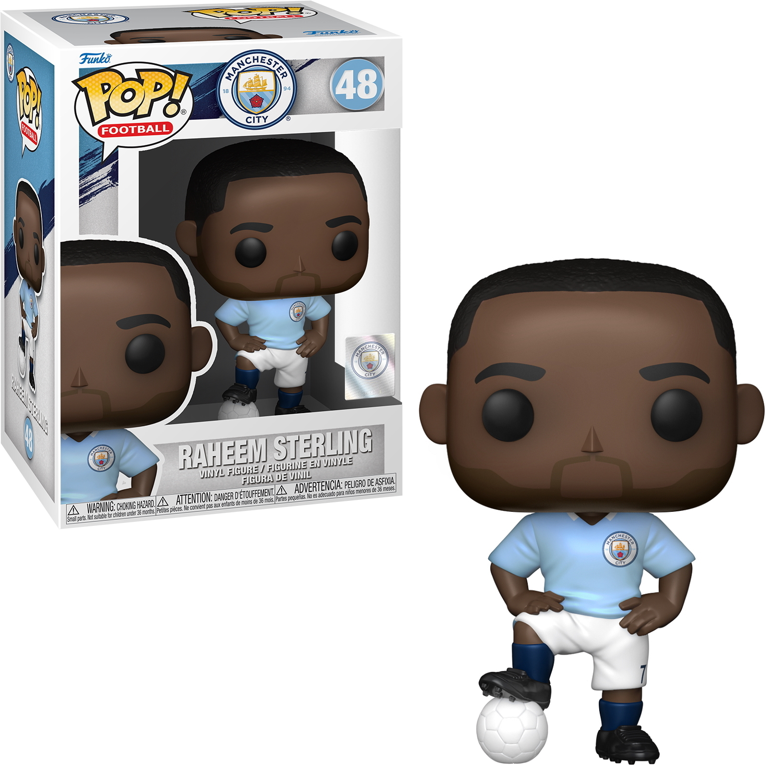 Figura Funko Pop di Raheem Sterling in una scatola. Indossa una divisa del Man. City.