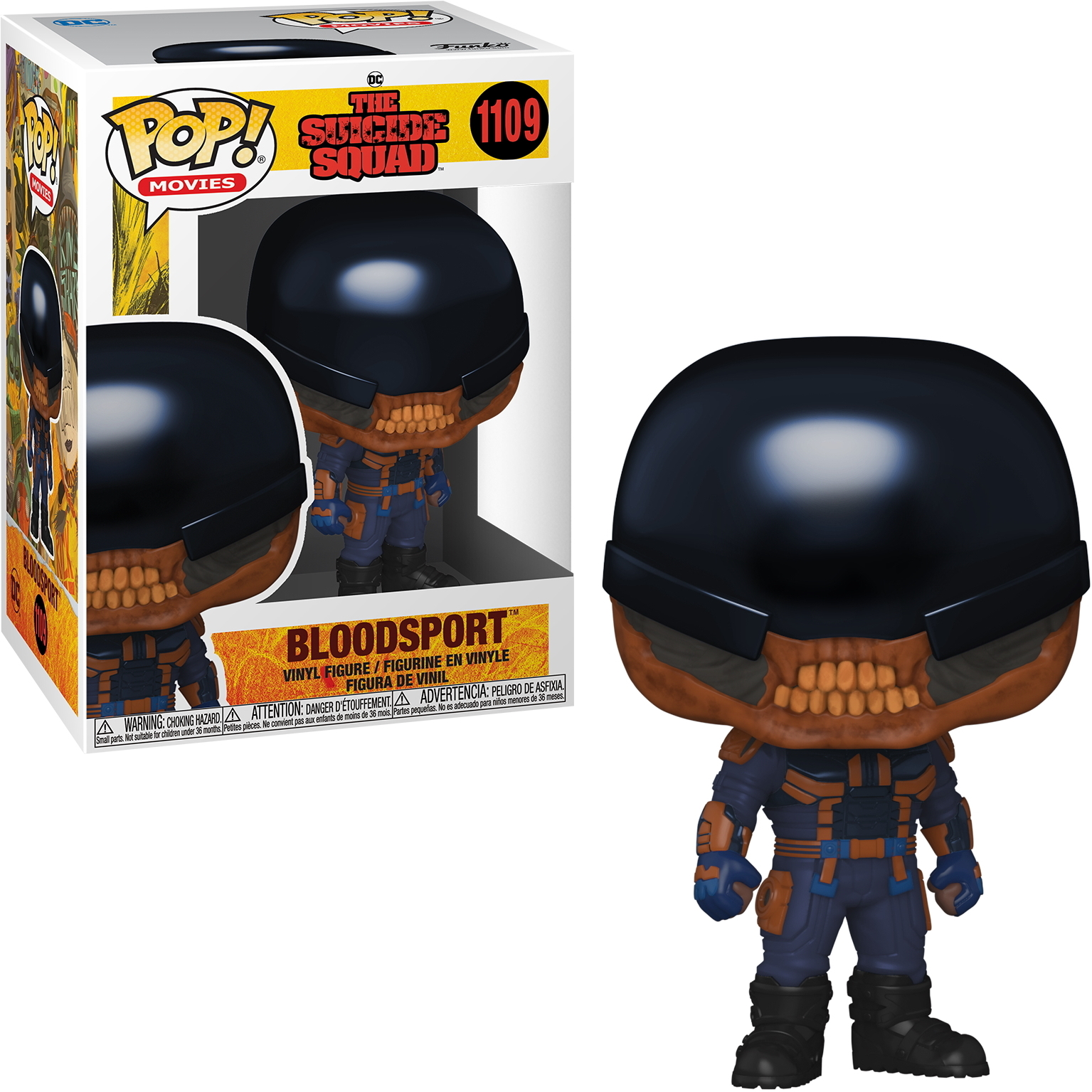 Eine Bloodsport-Figur in einer Box. Die Figur steht in einer Kampfpose mit dunkler Rüstung und einer schädelartigen Maske.
