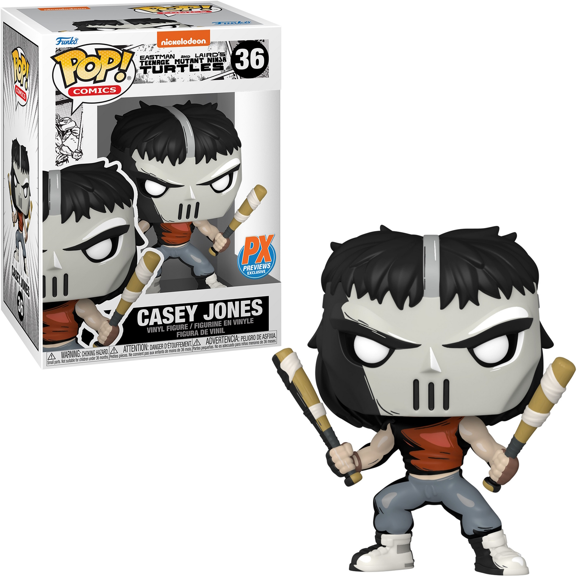 Figura Funko Pop de Casey Jones. Máscara blanca y negra. Sosteniendo bates de béisbol. Con caja.