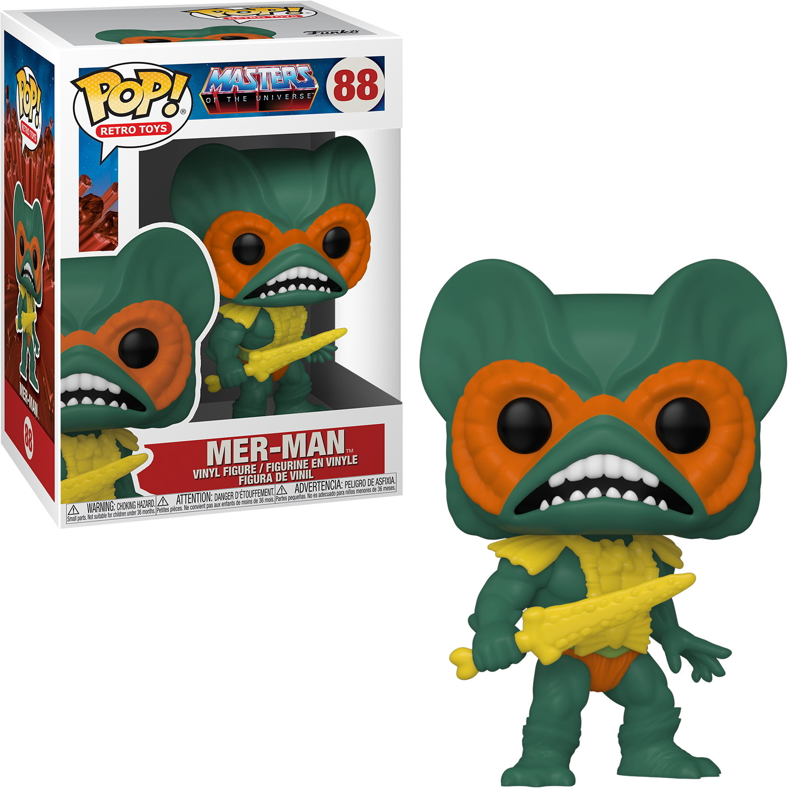 Een Mer-Man Funko Pop-figuur in een displaydoos. De figuur is groen, oranje en geel.