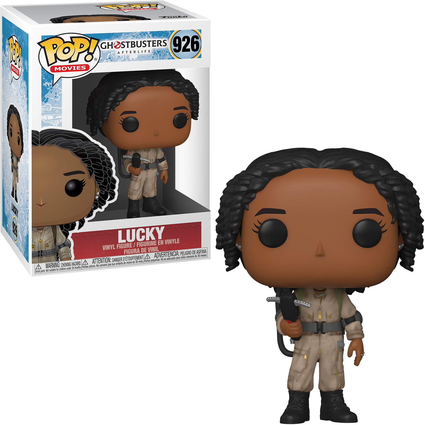 Una figura Funko Pop di Lucky di Ghostbusters. Indossa una tuta beige e tiene in mano un proton pack.