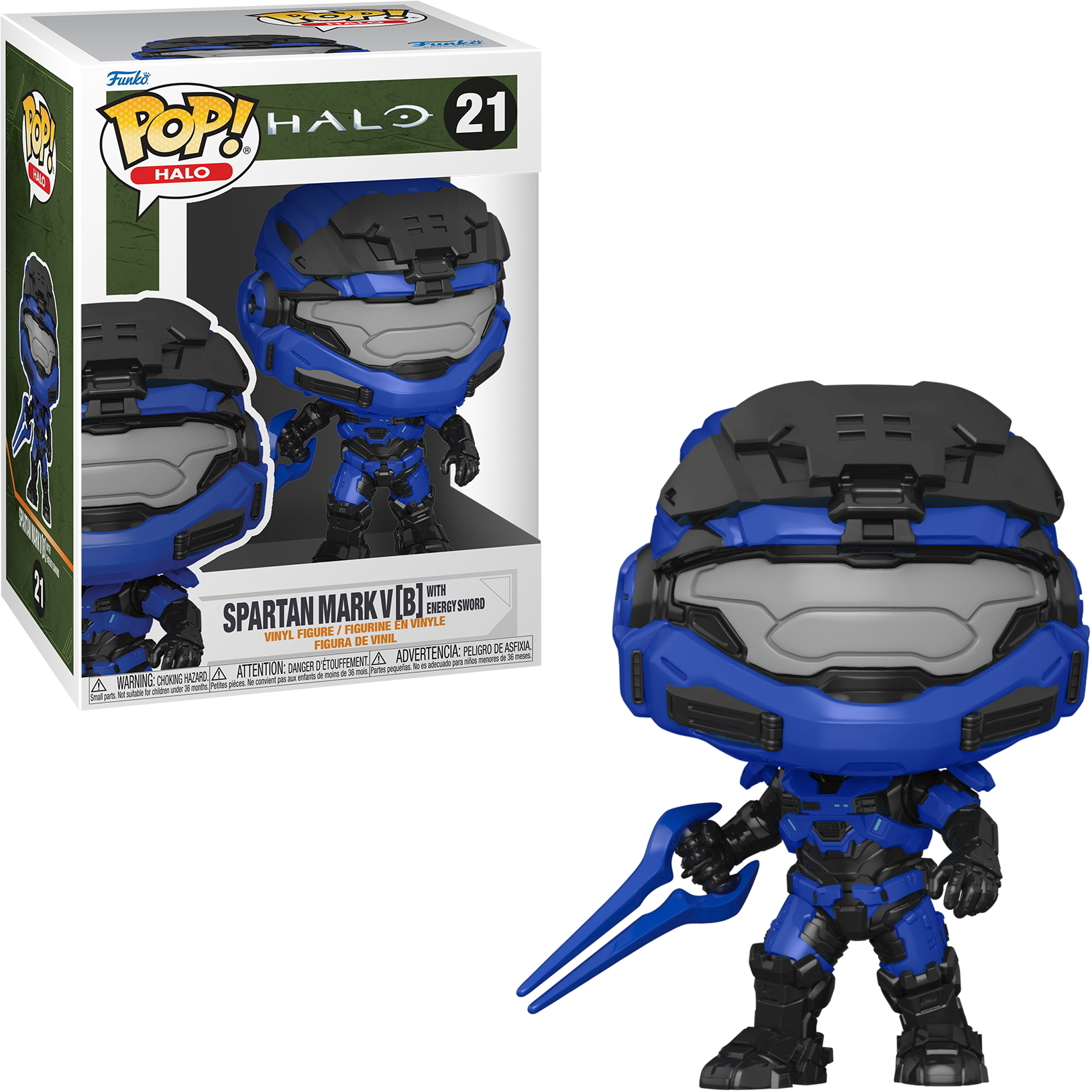 Figura Spartan Mark VI Funko Pop, in una scatola. La figura è blu e nera, con una spada energetica. Sfondo bianco.