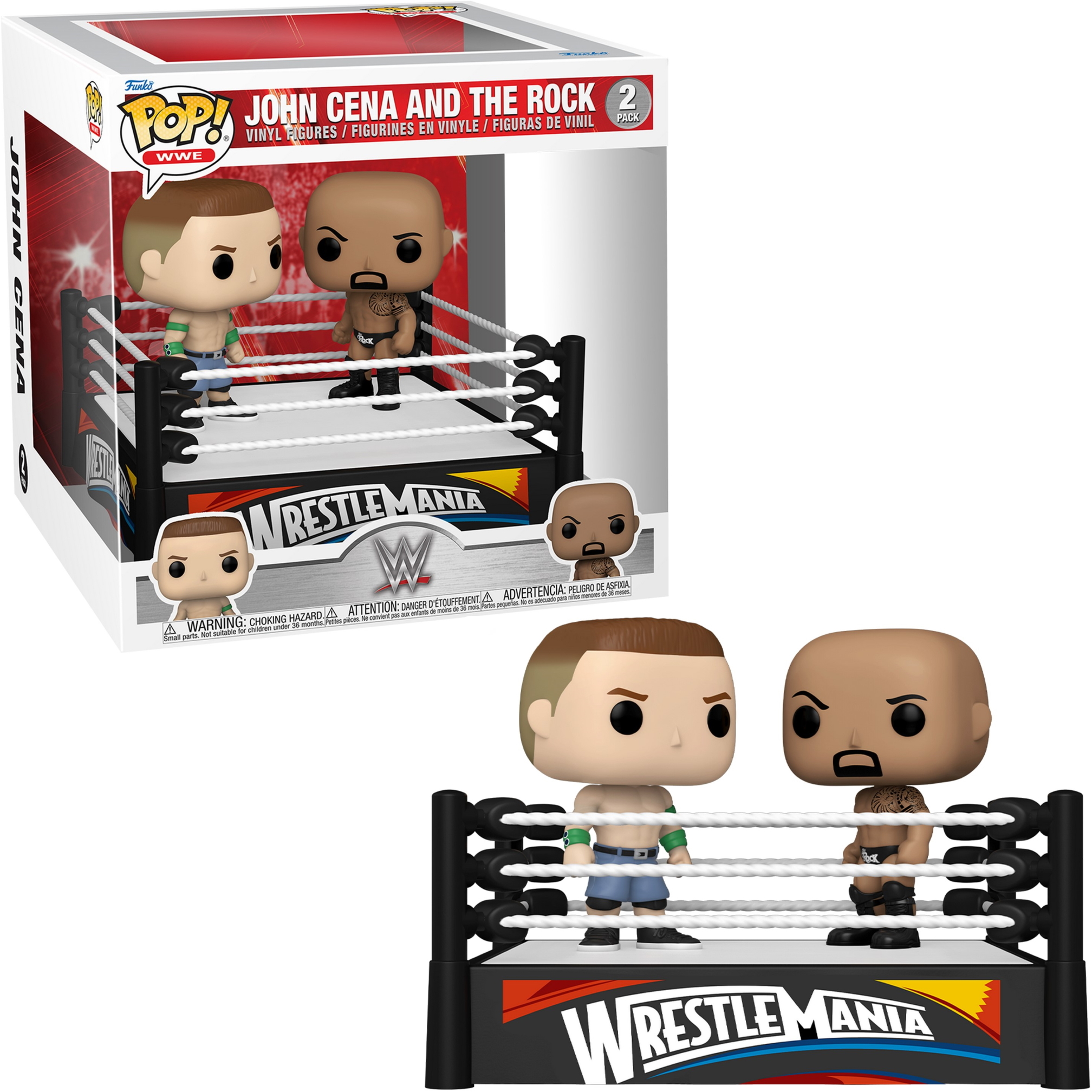 Figurki Funko Pop Johna Ceny i The Rocka w zestawie z ringiem wrestlingowym.