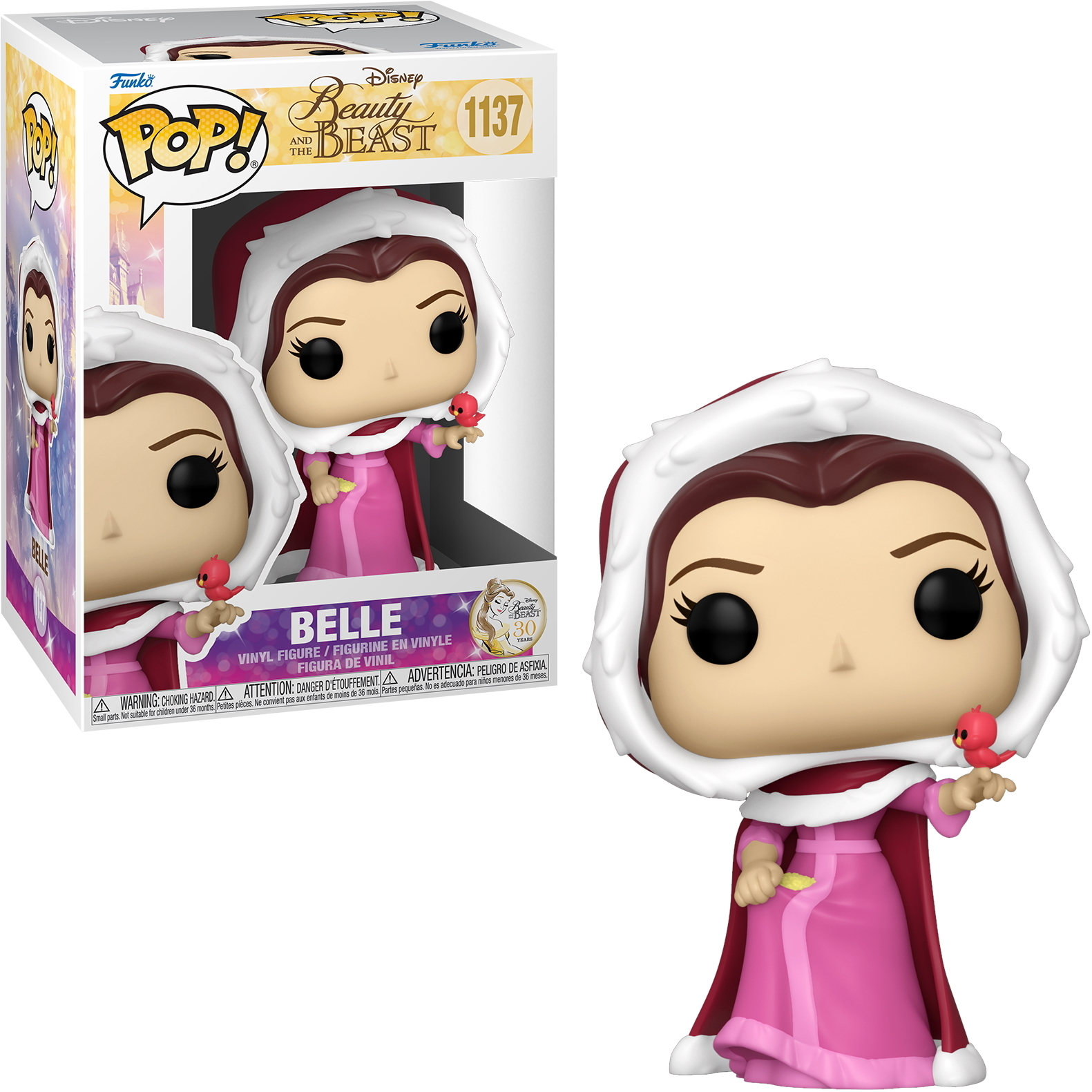 Figura di Belle Funko Pop in abbigliamento invernale, con un uccellino rosso, di fronte alla sua scatola.