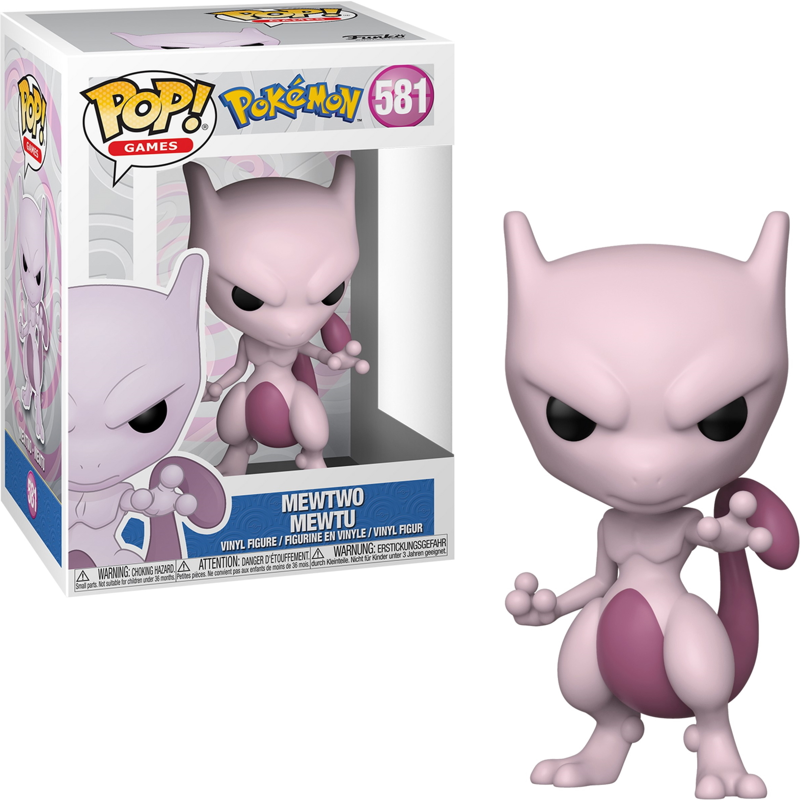 Figurka Mewtwo Funko Pop w pudełku i poza nim. Figurka jest głównie fioletowa, z surowym wyrazem twarzy.