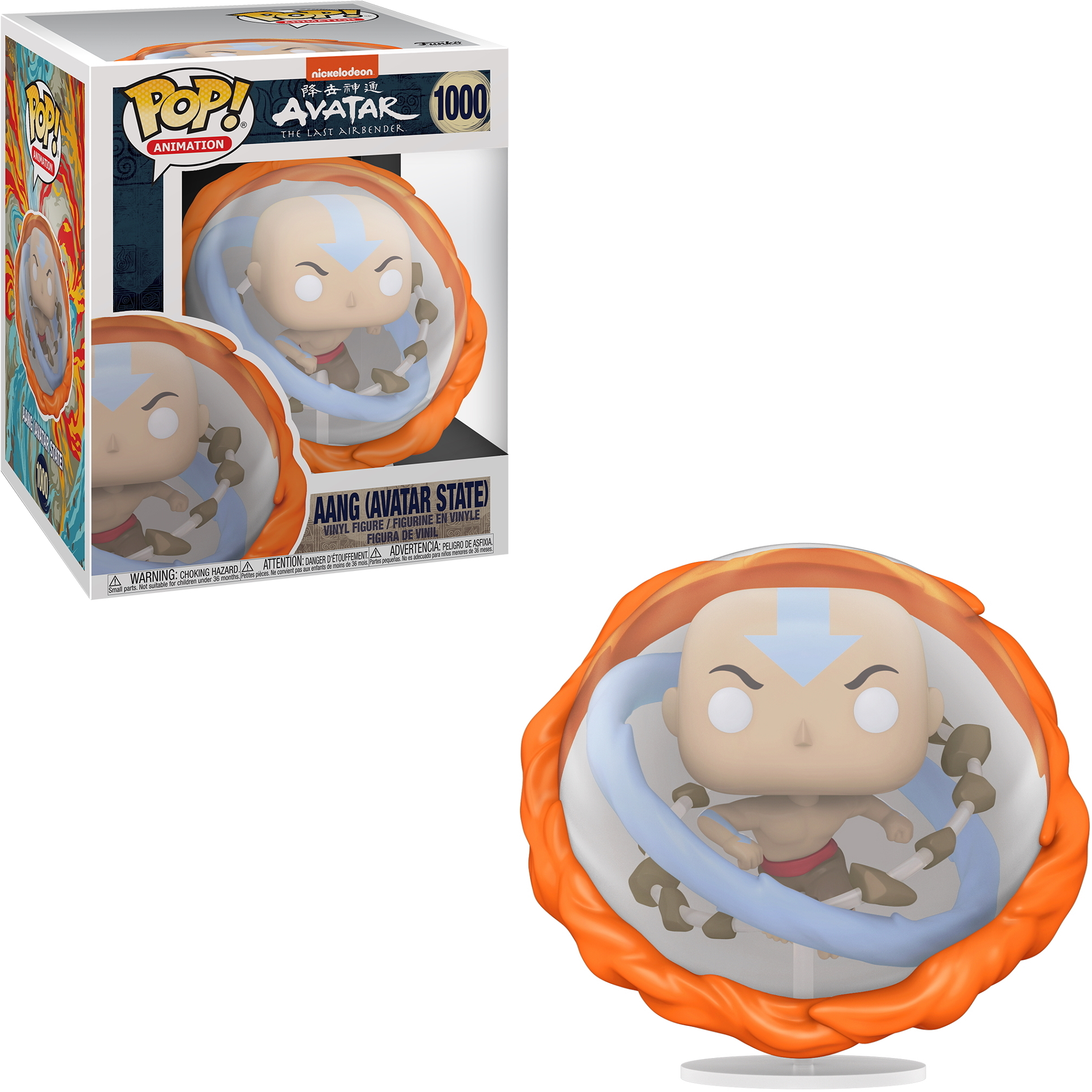 Figurka Avatar Aang w opakowaniu. Aang ma niebieskie oznaczenia i czerwony strój w wirze.