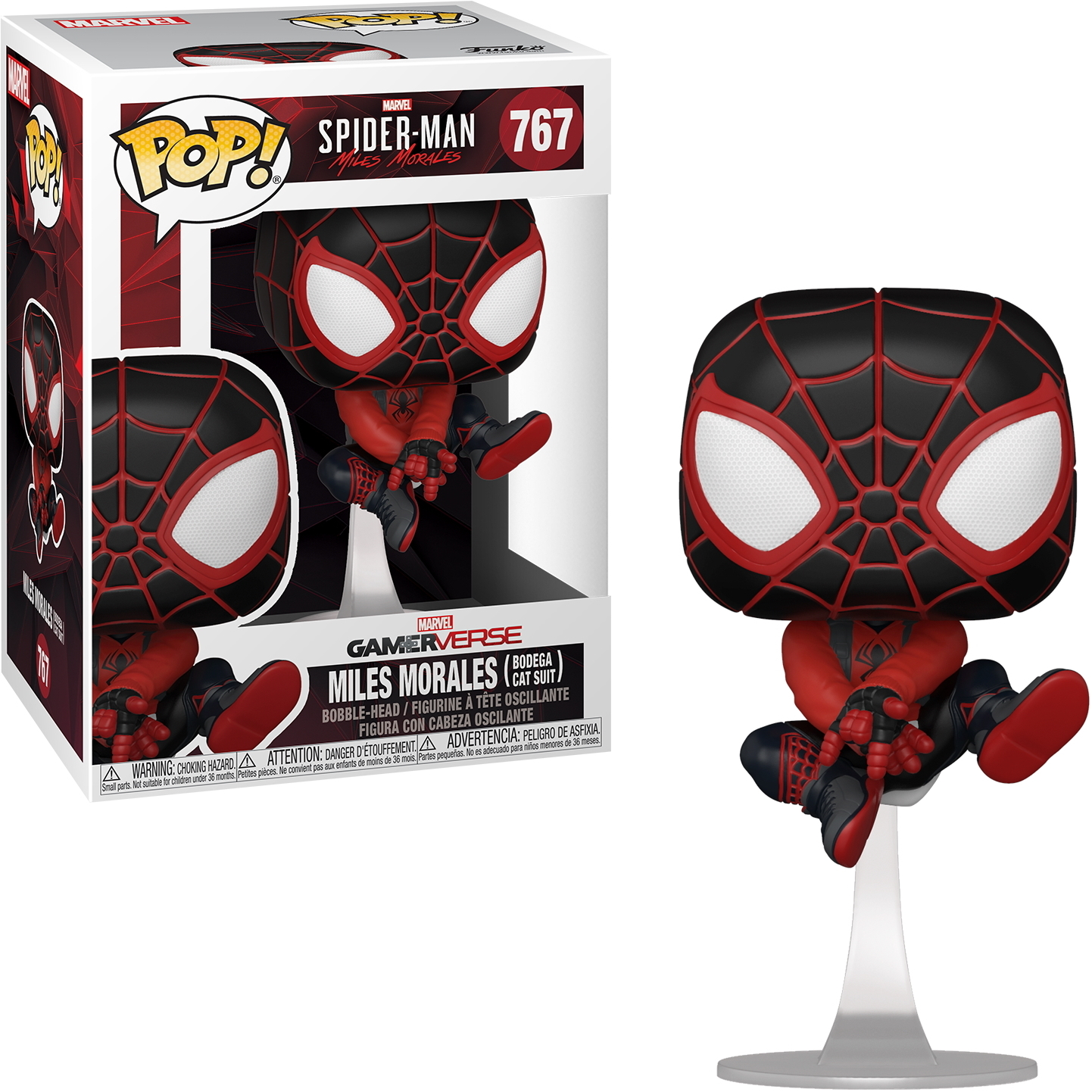 Figura Miles Morales Spider-Man Funko Pop, in una scatola. La figura è rossa e nera, su un supporto. Sfondo bianco.