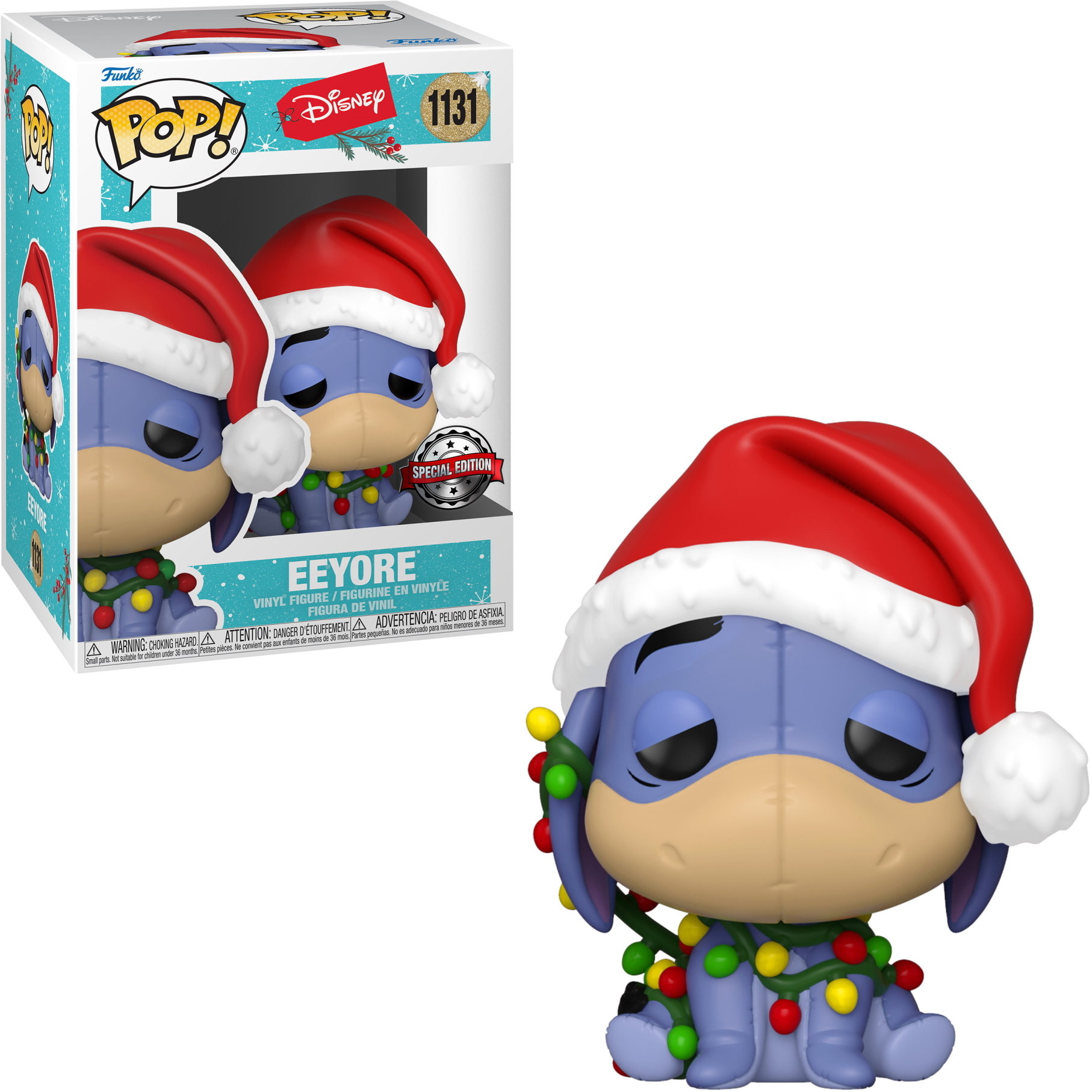 Eeyore Funko Pop Figur mit Weihnachtsmütze und Lichterkette. Schachtel im Hintergrund.