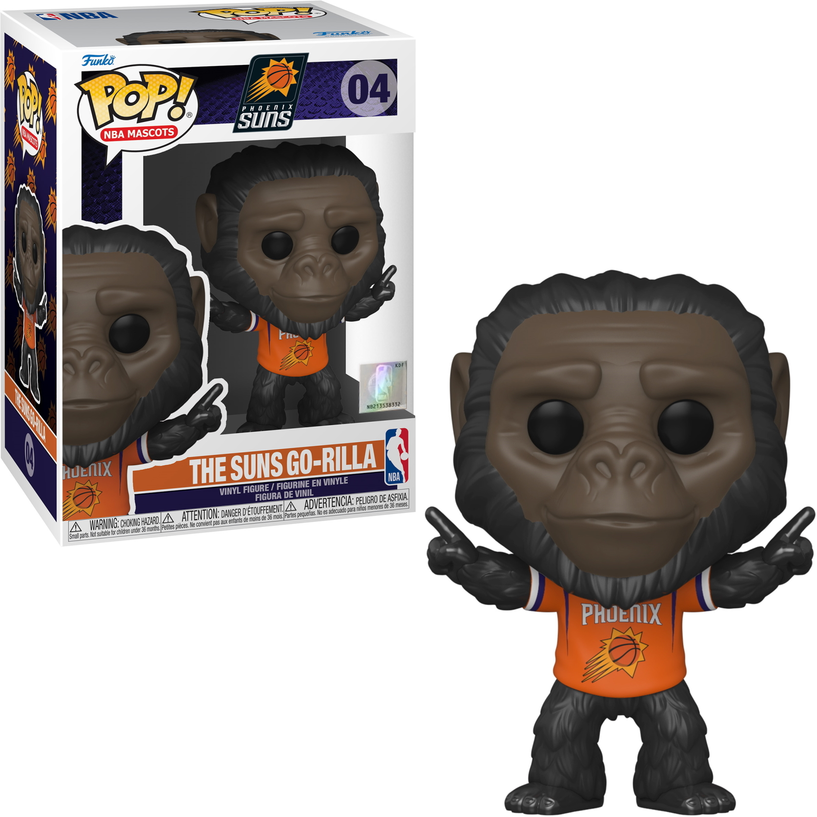 Funko Pop! Figur des Suns Go-Rilla Maskottchens mit Box, Gorillafigur ist orange und schwarz.