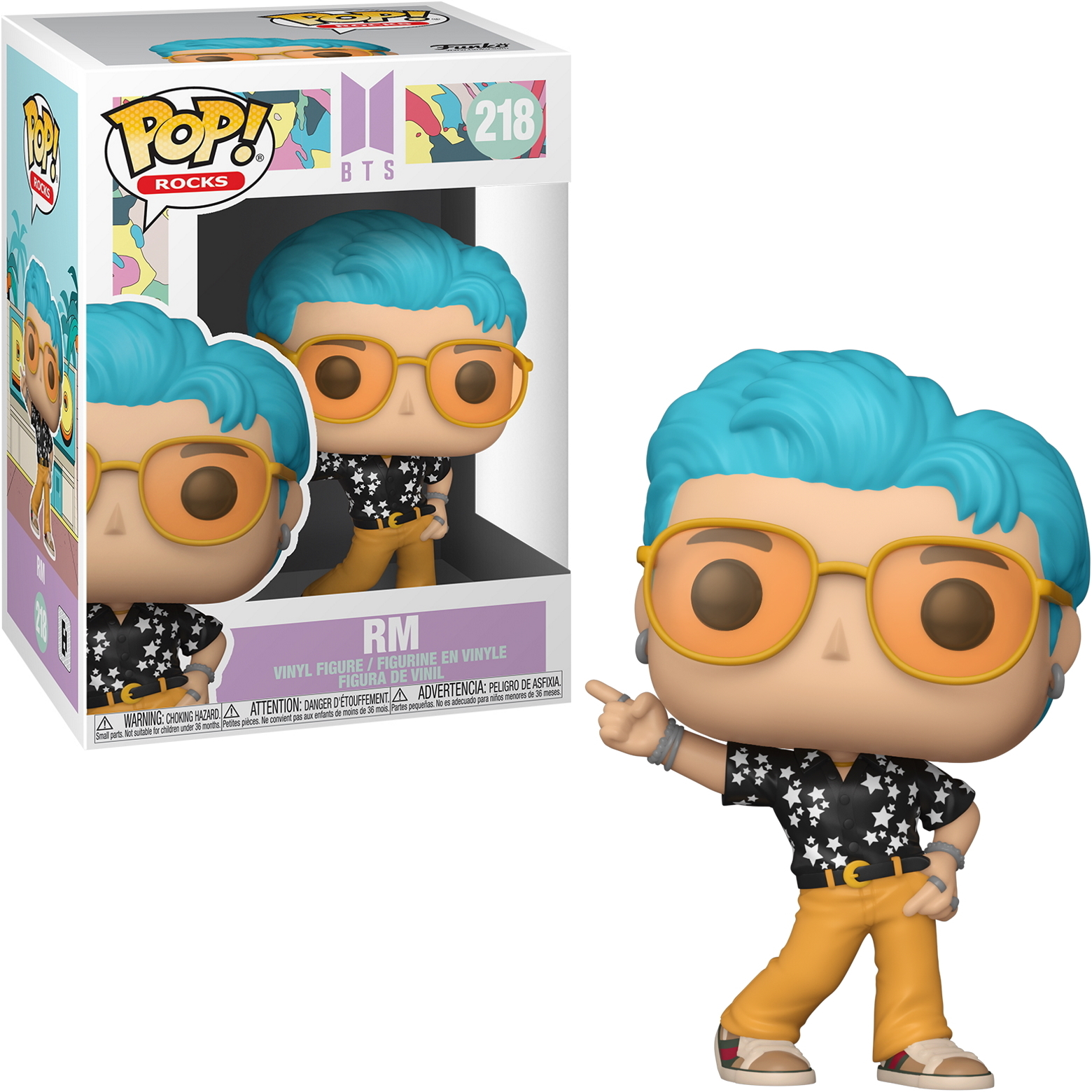 Figura RM BTS Funko Pop in scatola e da sola, con una camicia a stelle e occhiali arancioni.