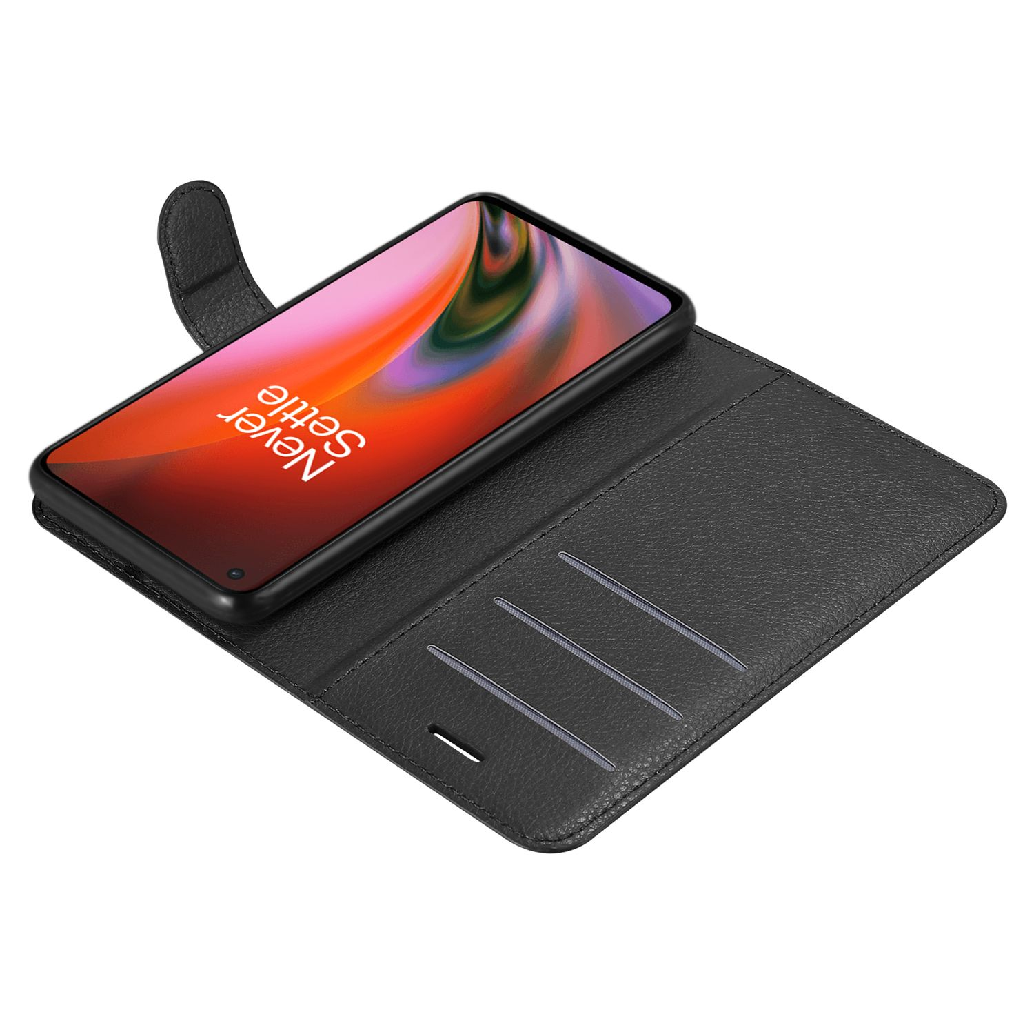 Custodia per telefono nera aperta con un telefono all'interno. Il telefono ha uno schermo arancione e rosso.