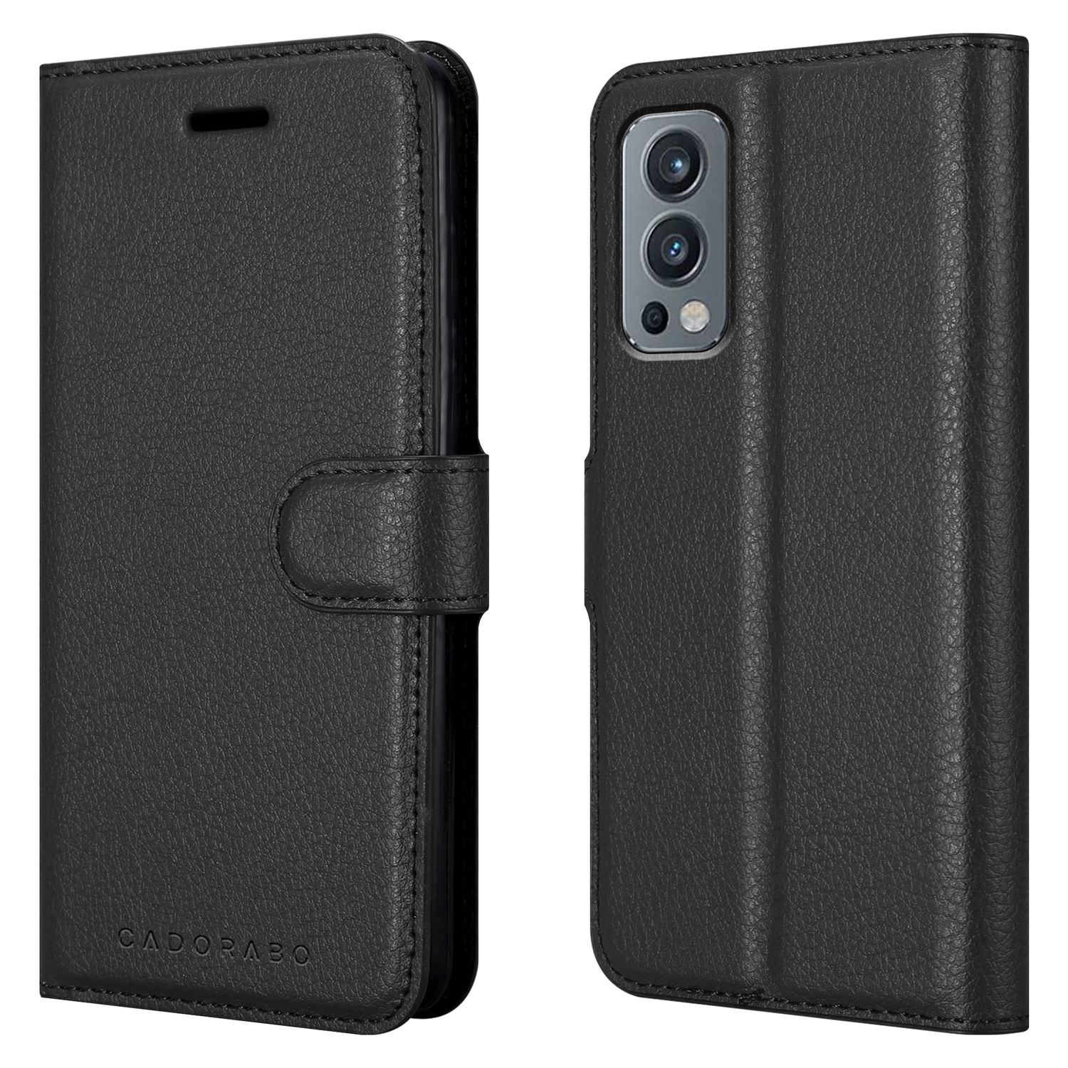 Una custodia per telefono in pelle nera con chiusura magnetica, aperta per mostrare il telefono a destra.