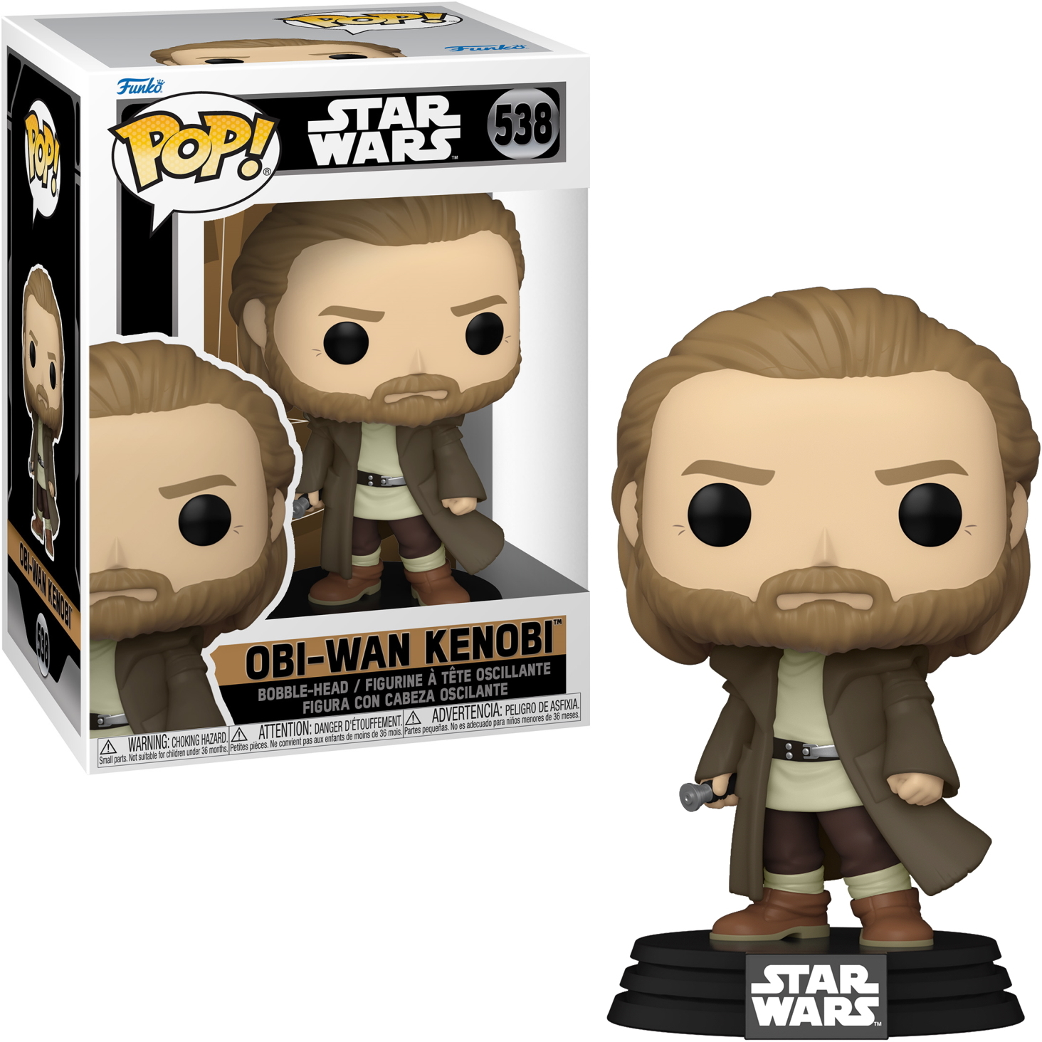 Funko Pop Figur von Obi-Wan Kenobi in und außerhalb der Box.