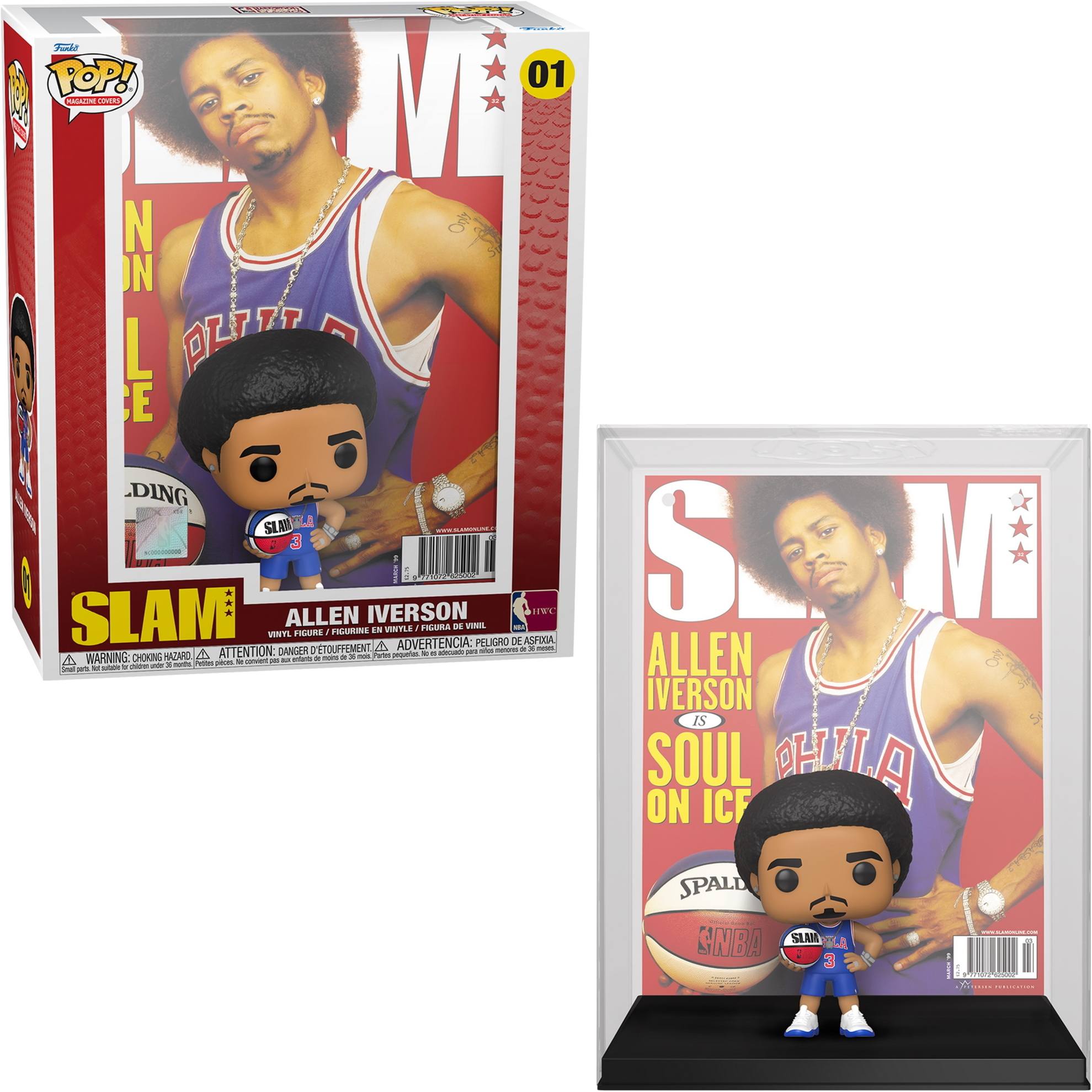 Funko Pop von Allen Iverson im Trikot. Box-Art beinhaltet ein Magazin-Cover.
