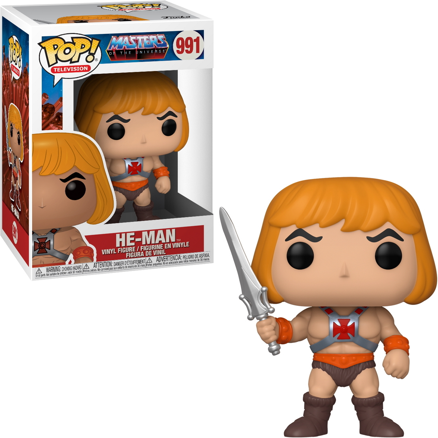 Un giocattolo in vinile Funko Pop di He-Man con spada e accenti arancioni.