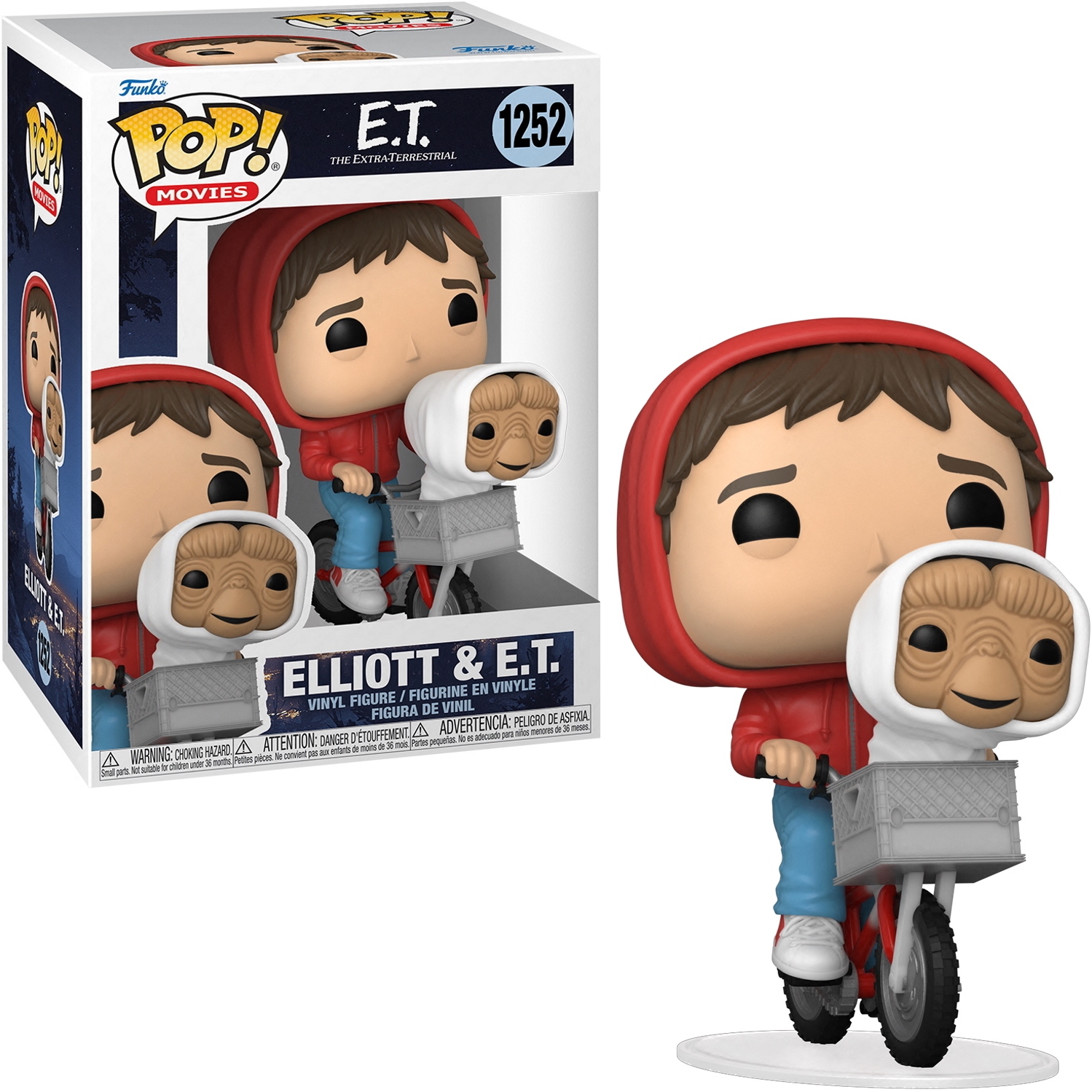 Eine Funko Pop Figur von E.T. und Elliott auf dem Fahrrad, mit einer Displaybox dahinter.