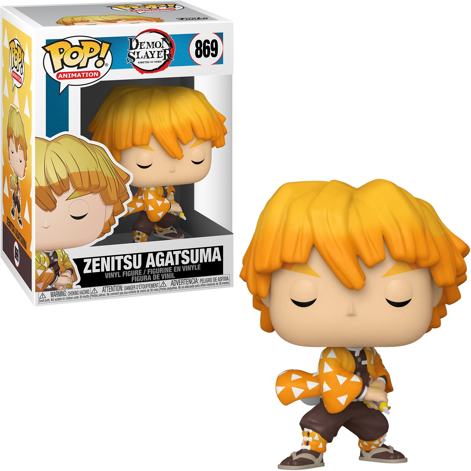 Figura di Zenitsu Agatsuma da Demon Slayer, con scatola. Capelli biondi, outfit arancione e giallo.