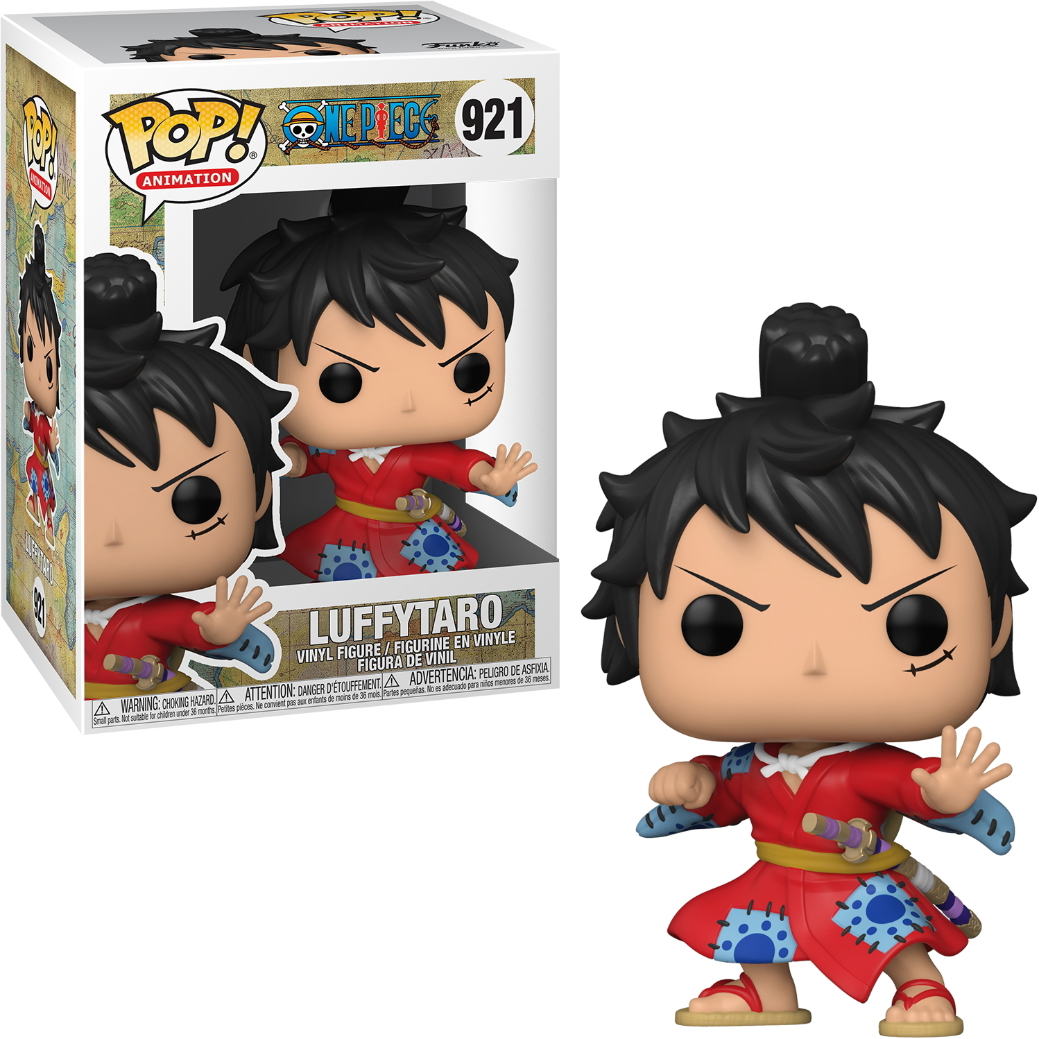 Funko Pop! figura di Luffy in kimono rosso con una scatola a lato, colori vivaci.