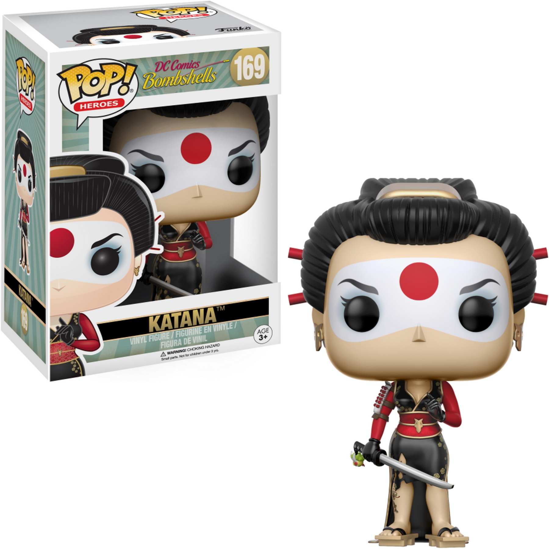 Eine Katana Funko Pop Figur. Sie trägt ein schwarz-rotes Outfit und hält ein Schwert. Sie hat eine weiße Maske.