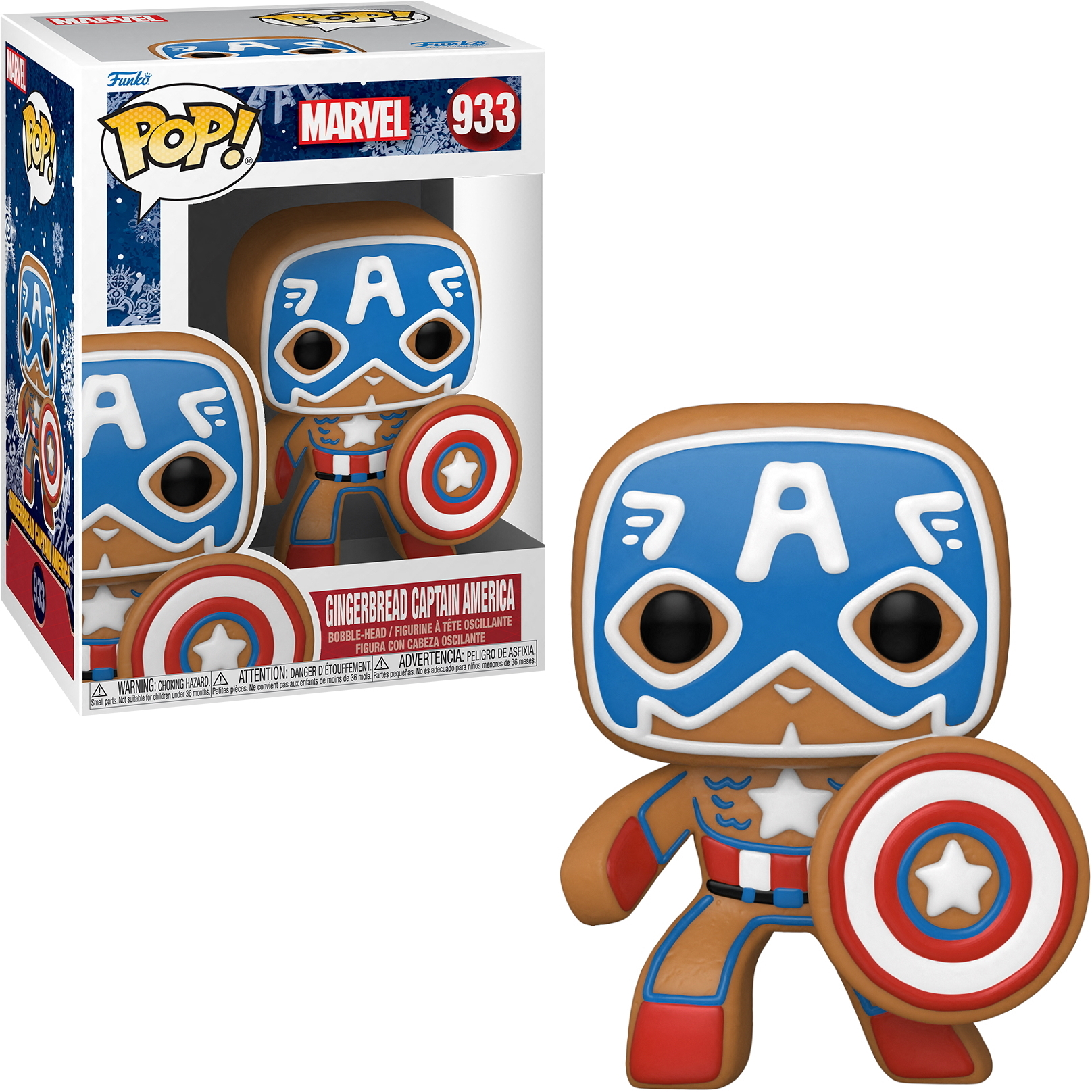 Eine Lebkuchen-Captain-America-Figur und Box-Art. Die Figur ist braun und blau, mit einem Schild.