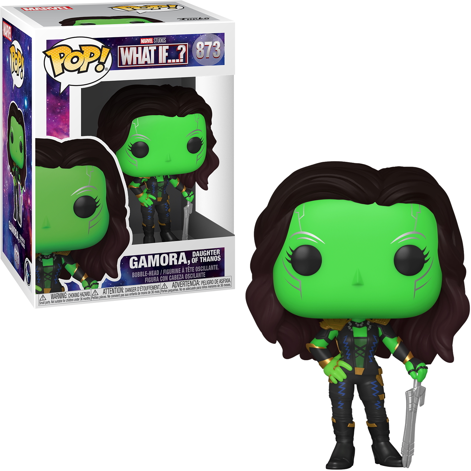 Statuetta di Gamora dalla serie 'What If...?'. Pelle verde, capelli neri, dentro e fuori dalla scatola.