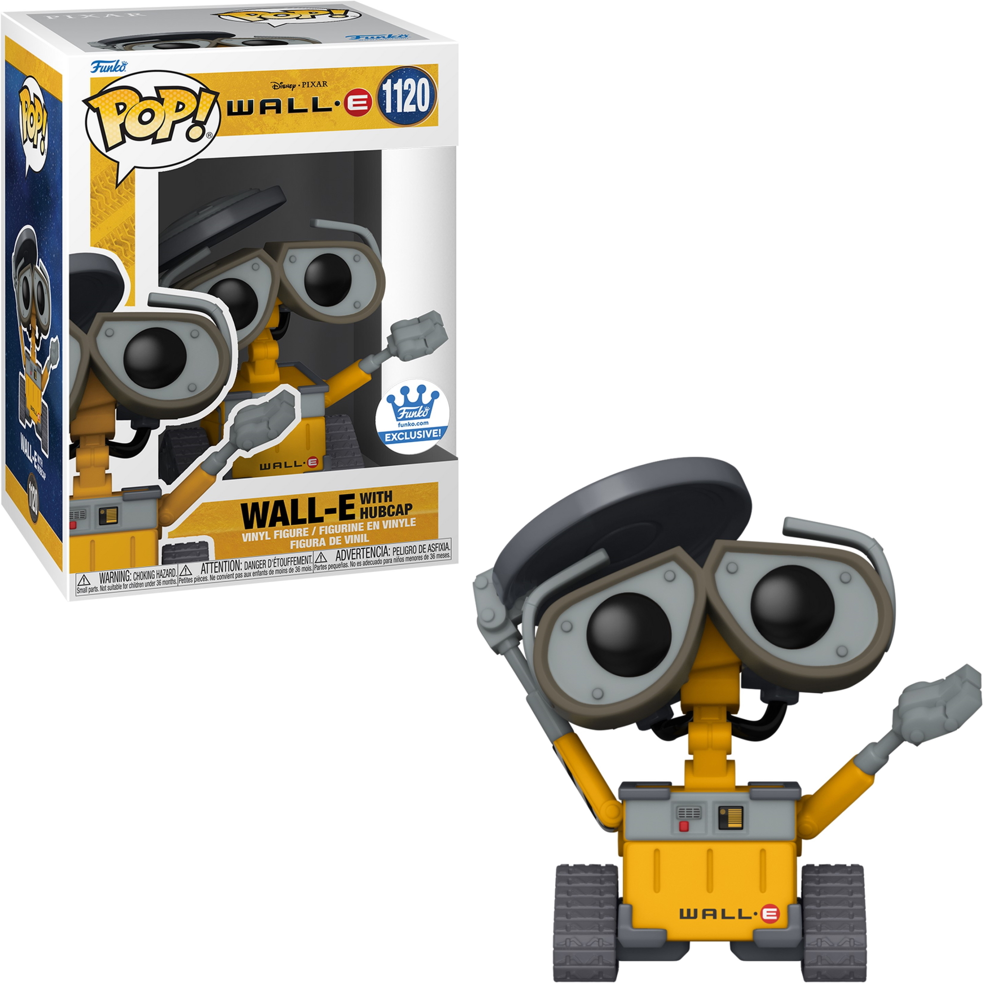 Wall-E Funko Pop Figur in und aus der Box. Wall-E ist gelb und grau mit einer Scheibe auf dem Kopf.