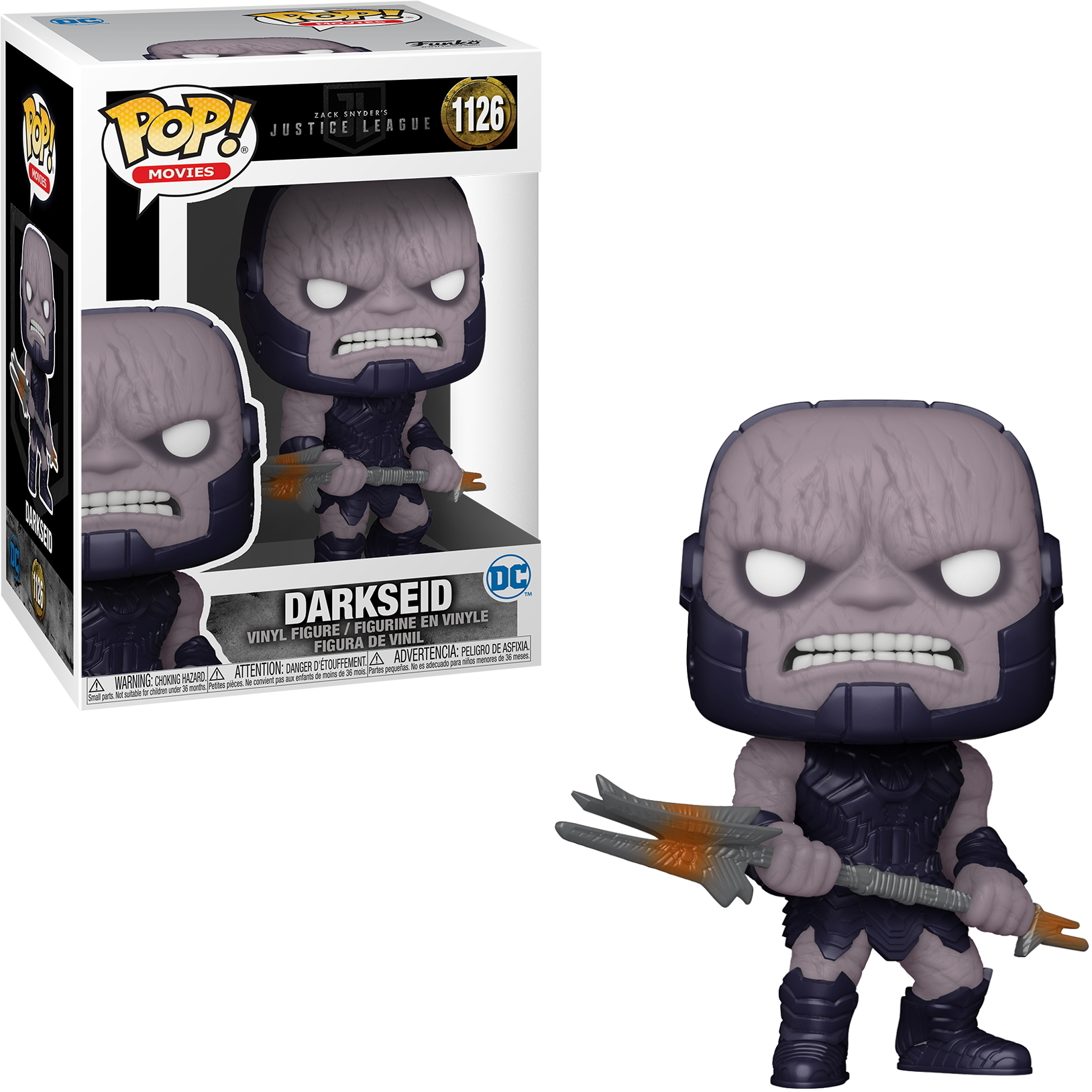 Darkseid-Figur aus Justice League, in der Box und freistehend. Er hält eine Waffe und hat ein strenges Gesicht.
