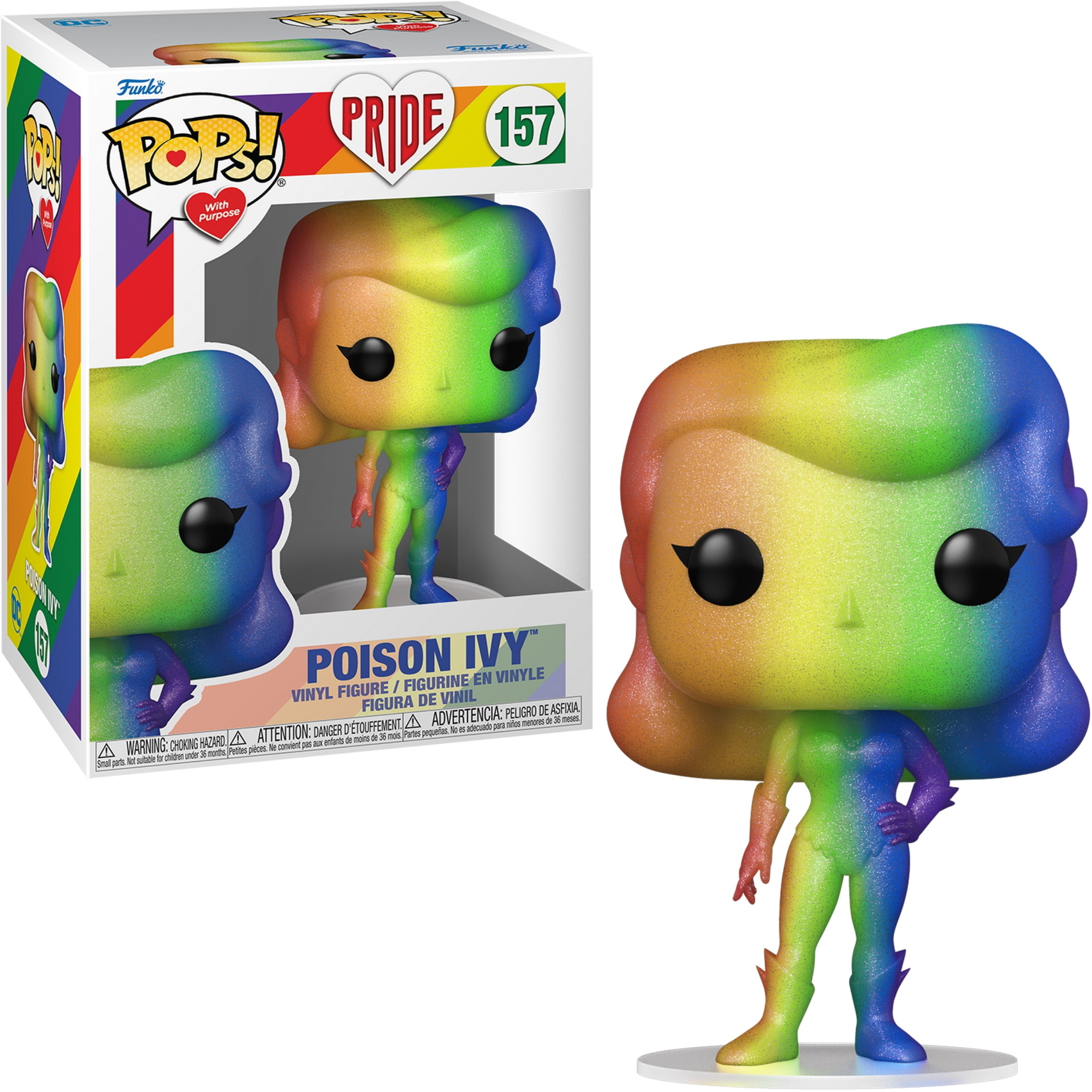 Figura Funko Pop di Poison Ivy nei colori dell'arcobaleno, con grafica della scatola.