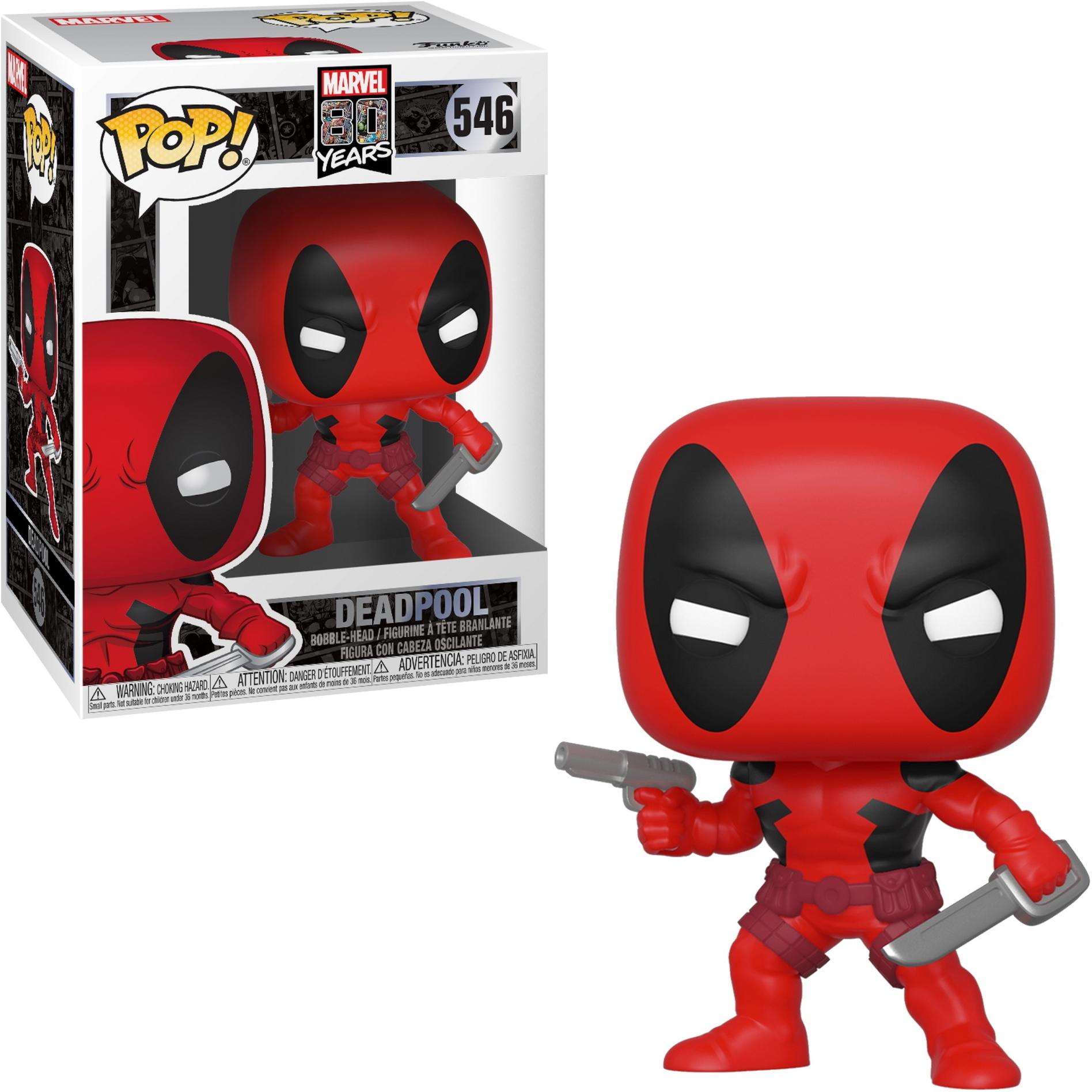 Deadpool Funko Pop Figur in rotem Anzug, hält Waffen und ein Messer, in einer Box.