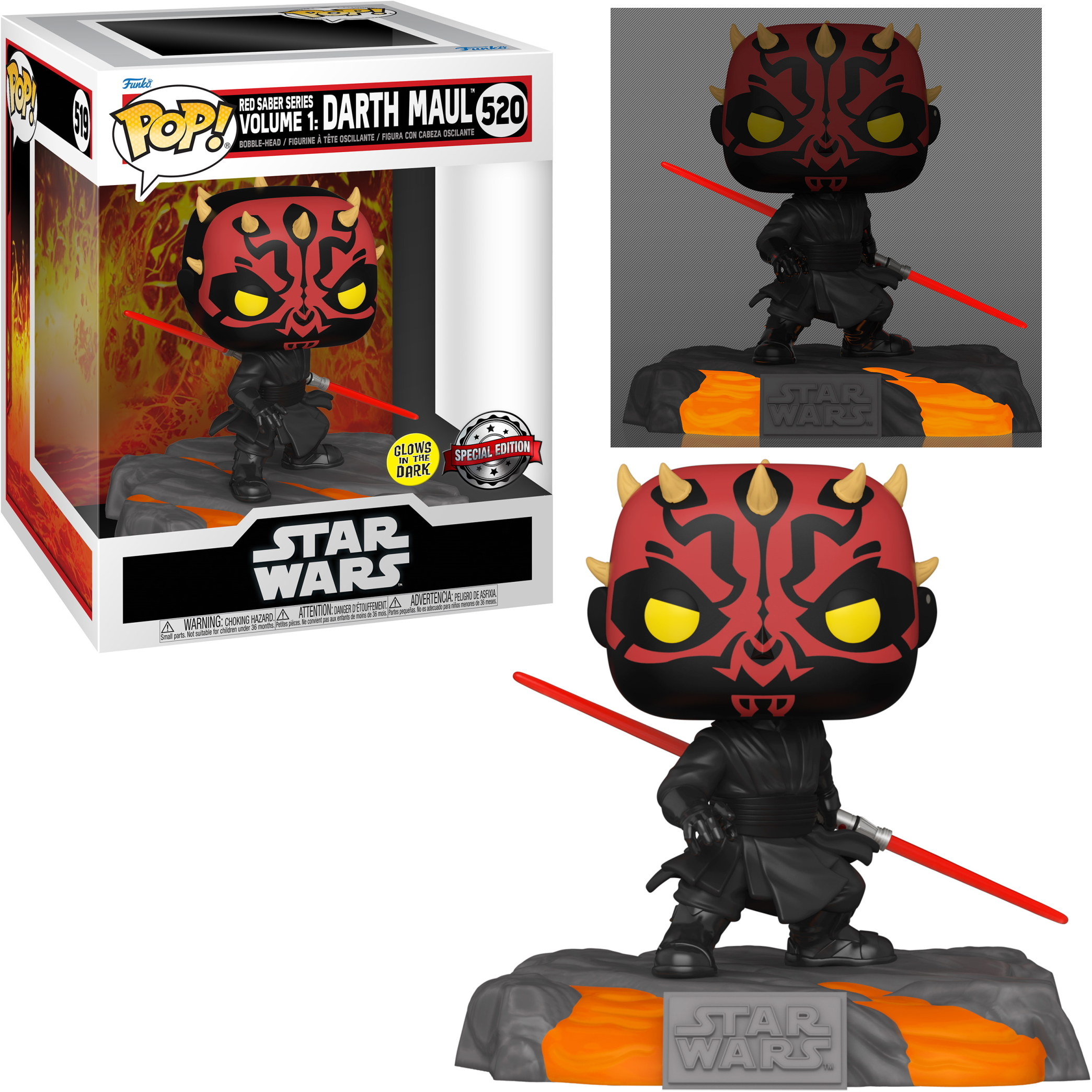 Darth Maul Funko Pop Figur mit Lichtschwert und Box.