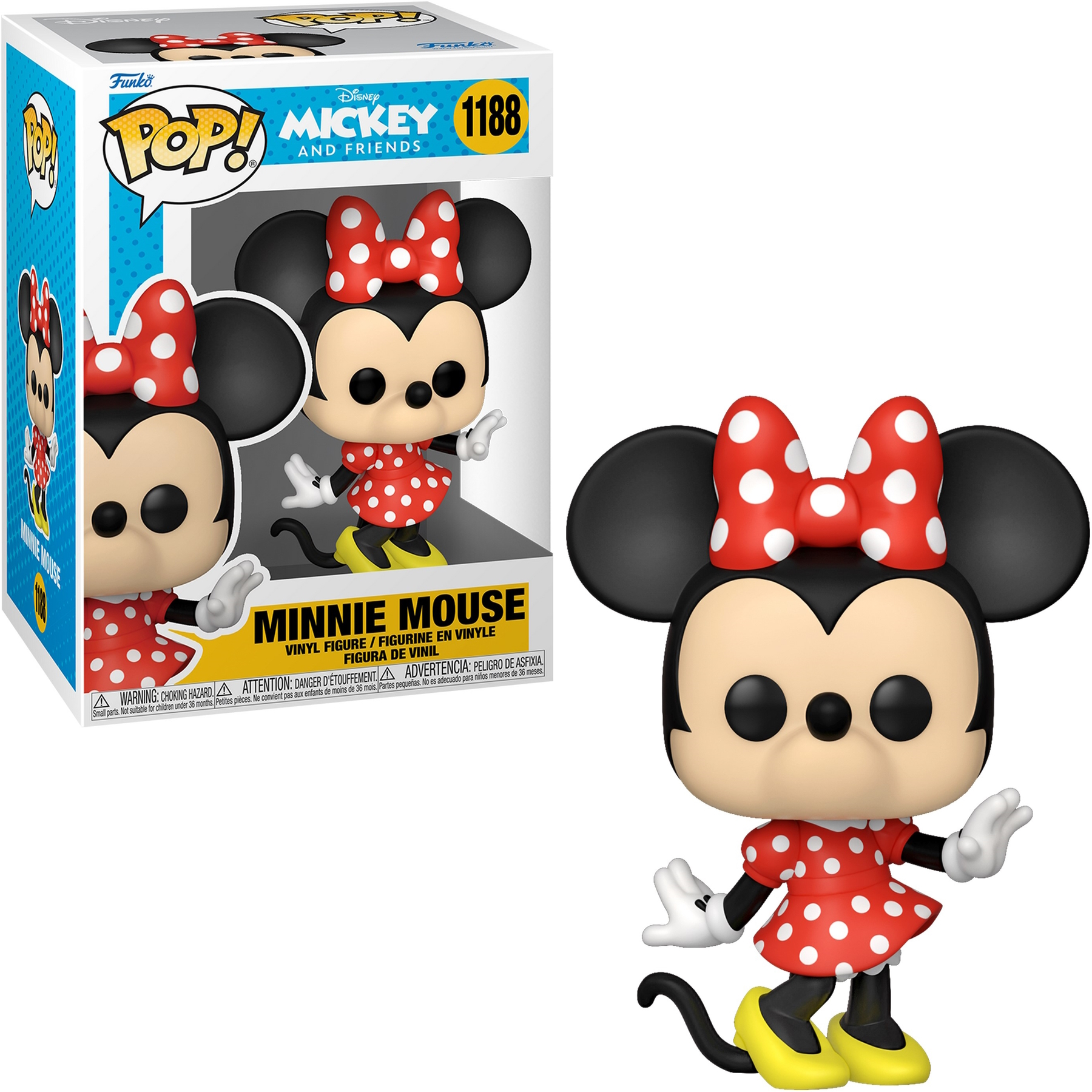 Figurka Funko Pop Myszki Minnie w czerwoną sukienkę w kropki i kokardę. Pudełko po lewej.