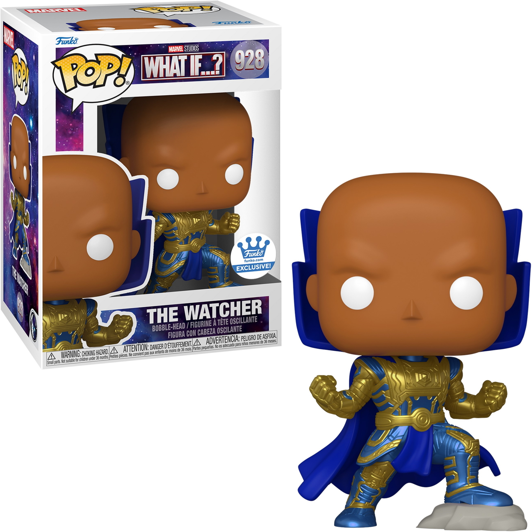 Figura Funko Pop The Watcher nella scatola e fuori. Pelle marrone, abito oro e blu.