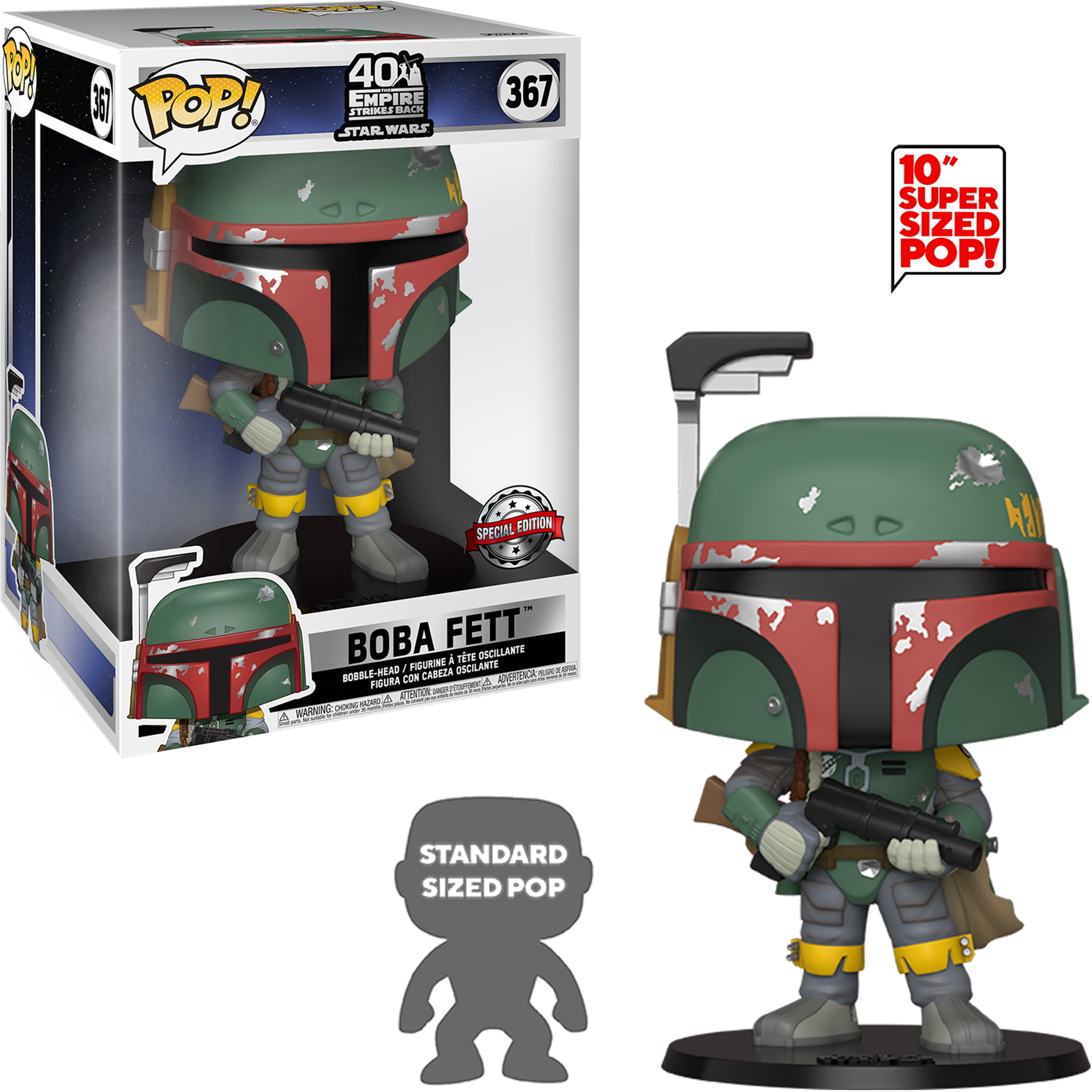 Boba Fett Figur in und aus der Box; eine Standard- und eine große POP-Figur.