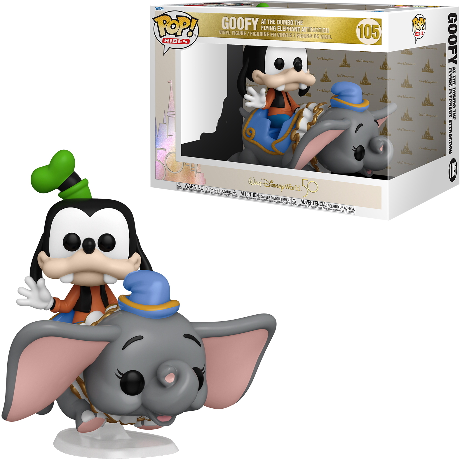 Figura de Goofy en la atracción Dumbo the Flying Elephant. Goofy en Dumbo con una caja de exhibición.