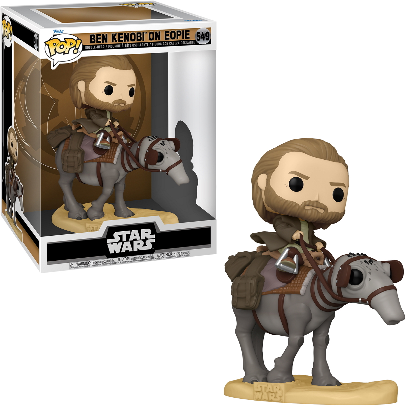 Ben Kenobi op Eopie Funko Pop figuur, in en uit de doos, rijdend.