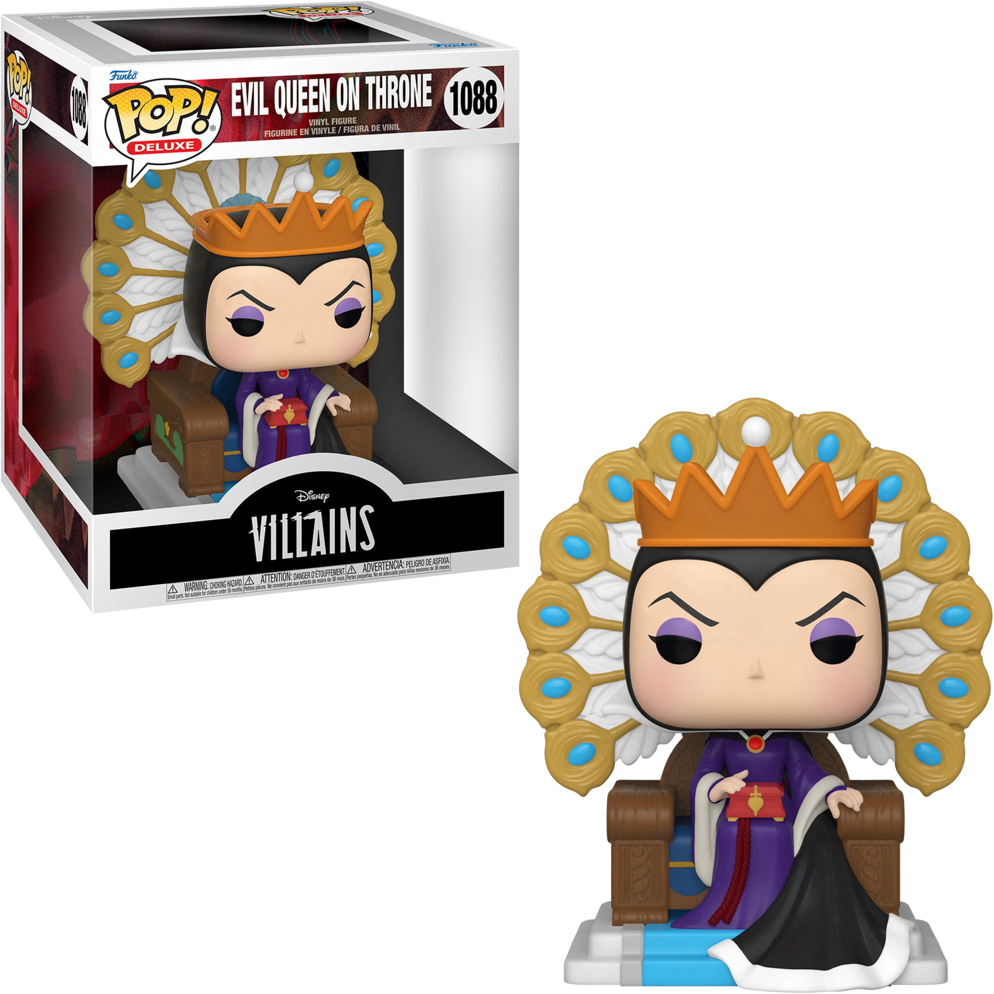 Figurka Funko Pop Złej Królowej na tronie z Disney Villains, w pudełku. Korona i czarny płaszcz.
