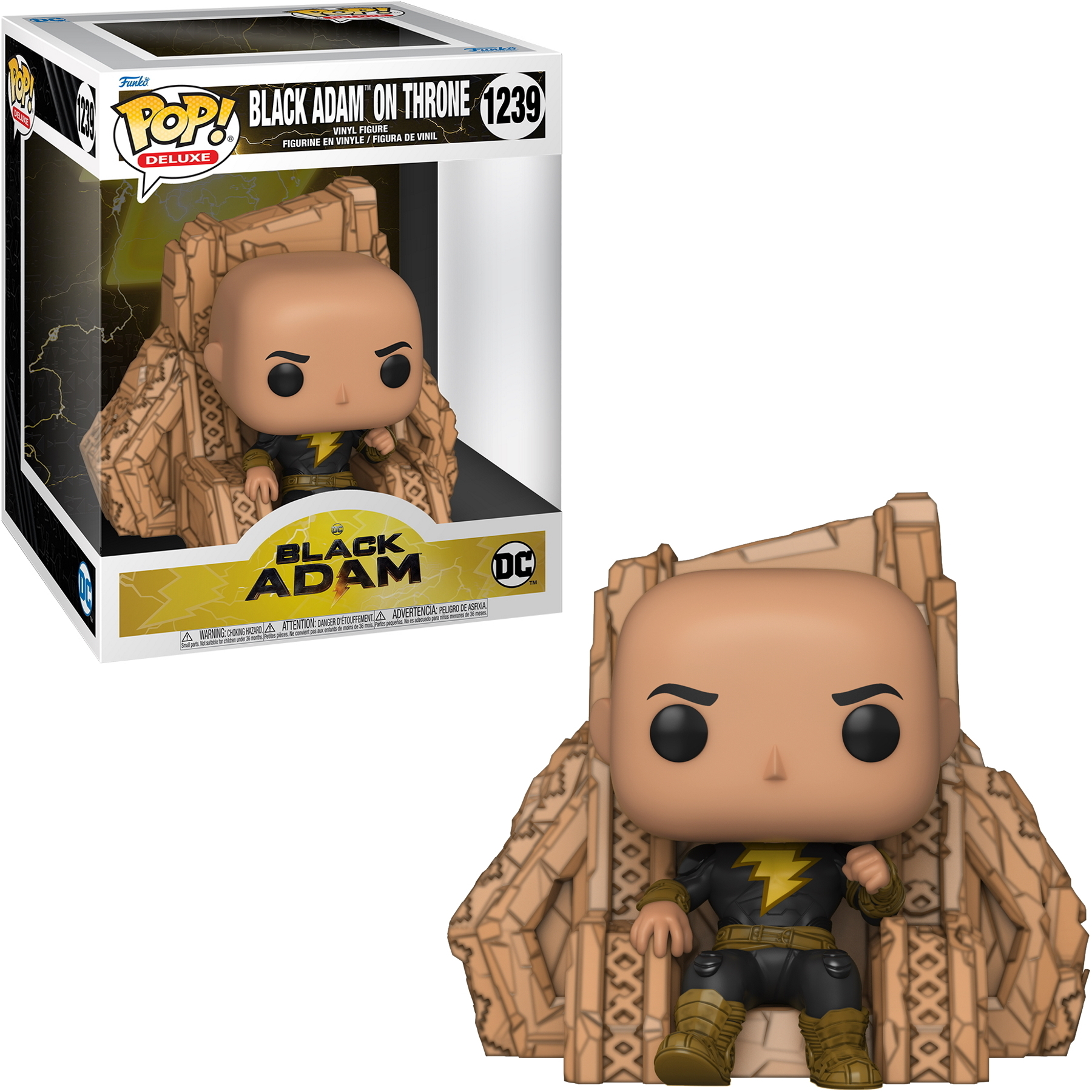 Una figura Funko Pop di Black Adam seduta su un trono, con la scatola visibile a sinistra.