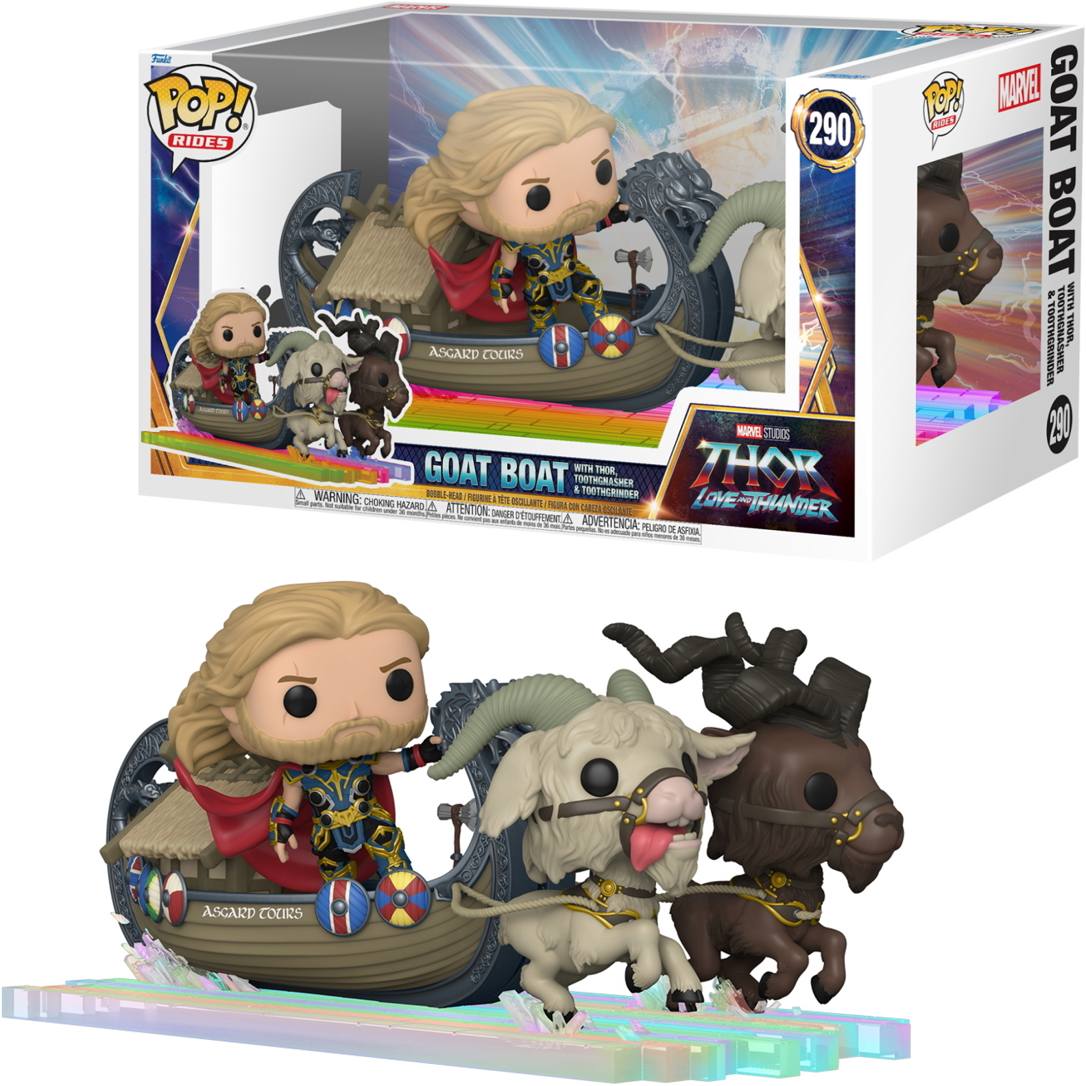 Thor, Goat Boat Funko Pop, su una barca e nella confezione. Thor con due capre che trainano una barca.