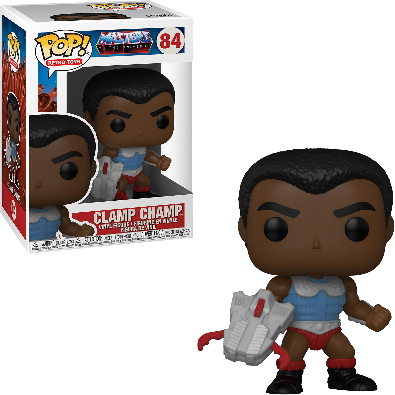 Figurka Funko Pop Clamp Champ z Masters of the Universe, w pudełku i stojąca.