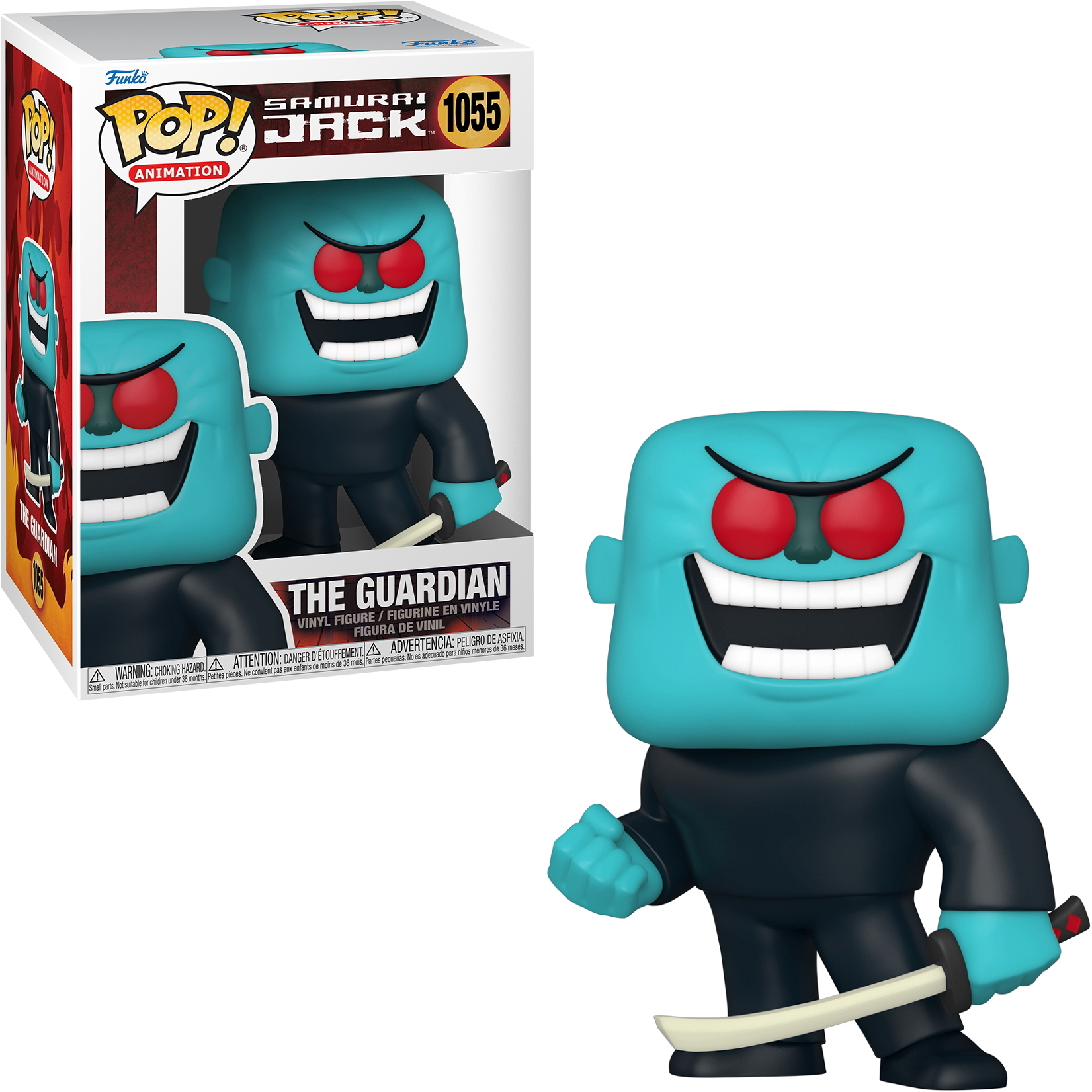Una figura Funko Pop! de 'The Guardian' de Samurai Jack. Muestra una figura azul con ojos rojos.