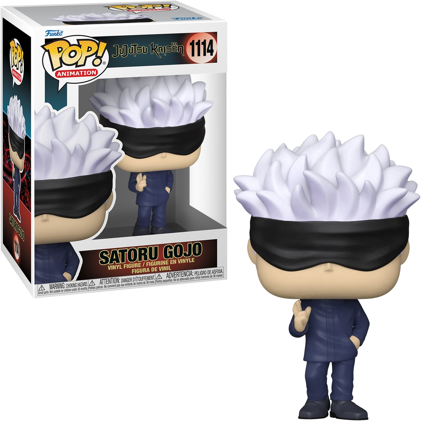 Satoru Gojo Funko Pop Figur in Box, mit Figur außerhalb der Box, weißer Hintergrund.