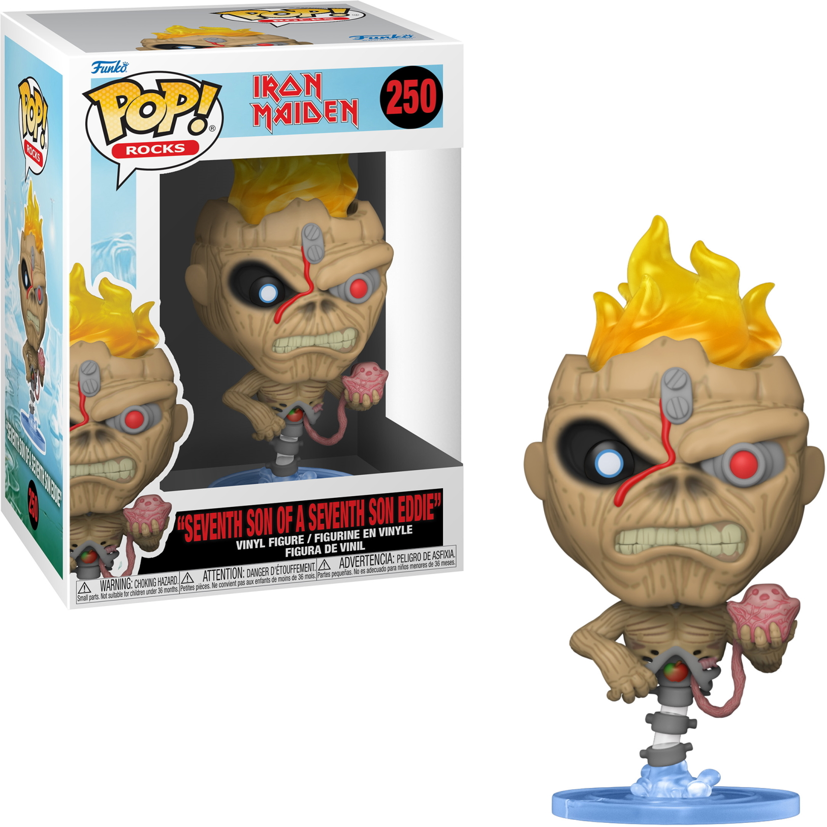 Eine Iron Maiden Eddie Funko Pop Figur auf blauer Basis mit Displaybox.