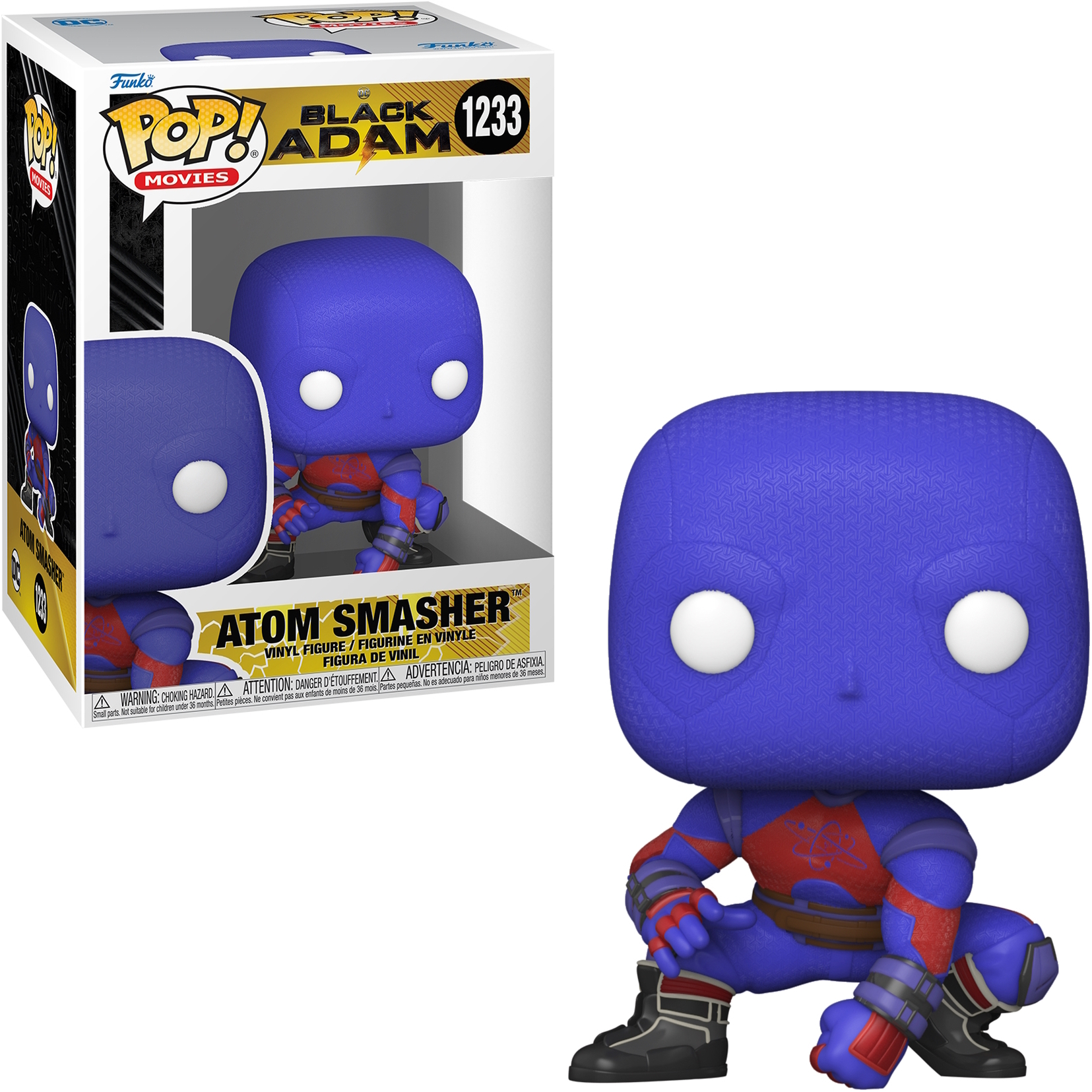 Funko Pop! Figurka Black Adam w pudełku i poza nim. Figurka jest niebieska z czerwonymi akcentami.